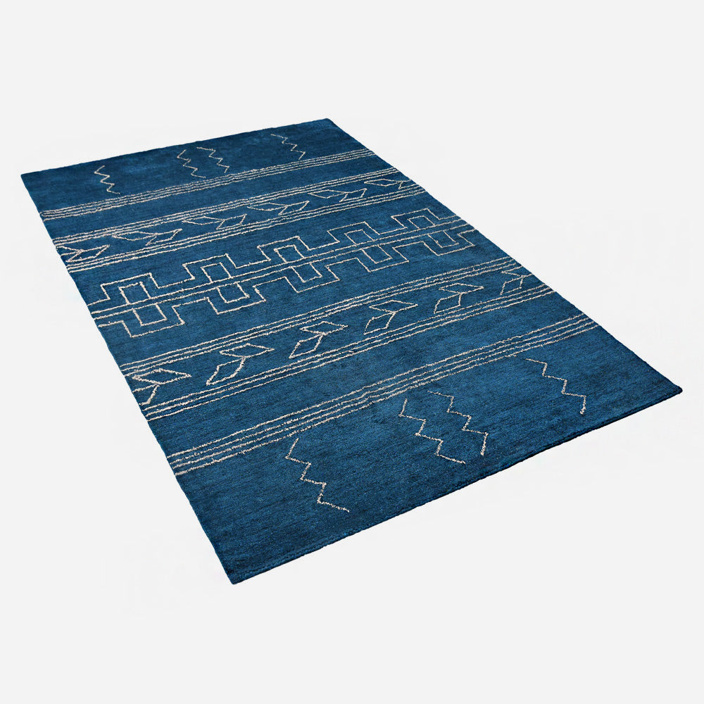 Hand Knotted Loom Silk Mix Area Rug Geometric Blue Beige
