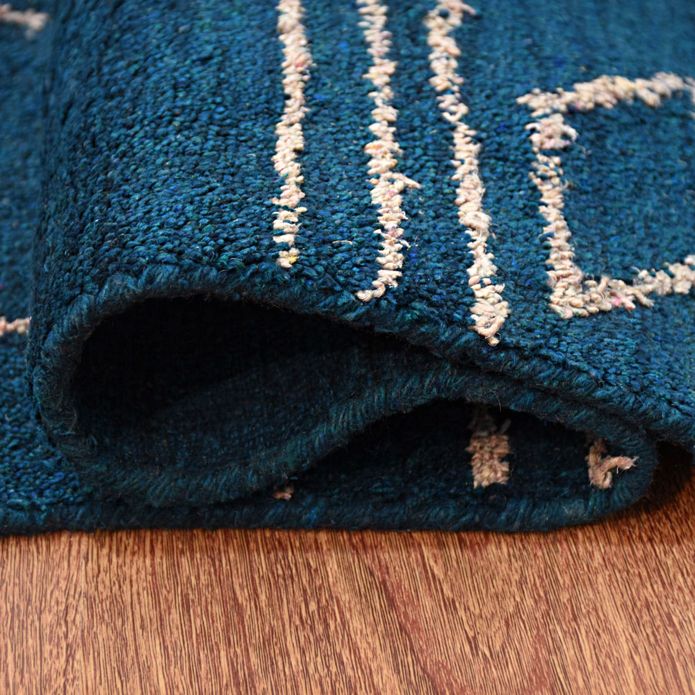 Hand Knotted Loom Silk Mix Area Rug Geometric Blue Beige