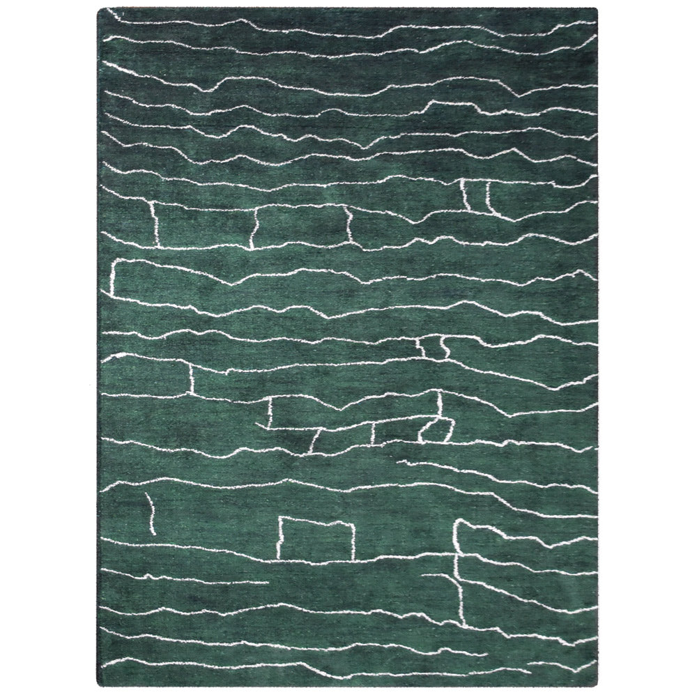 Hand Knotted Loom Silk Mix Area Rug Contemporary Dark Green White