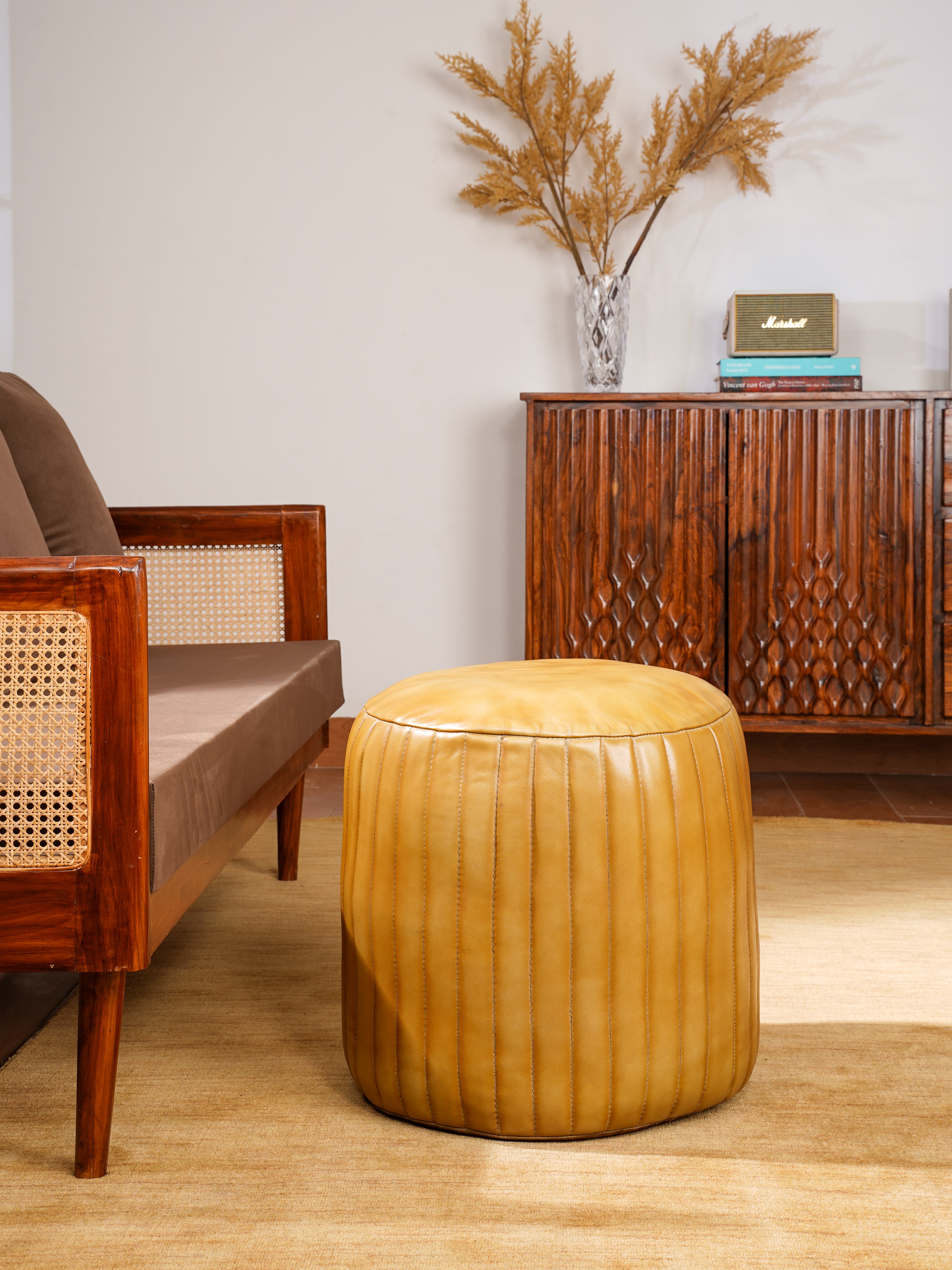 Sandstone Leather Pouf – Beige Ottoman | Handmade | Contemporary | Filled | Square & Round