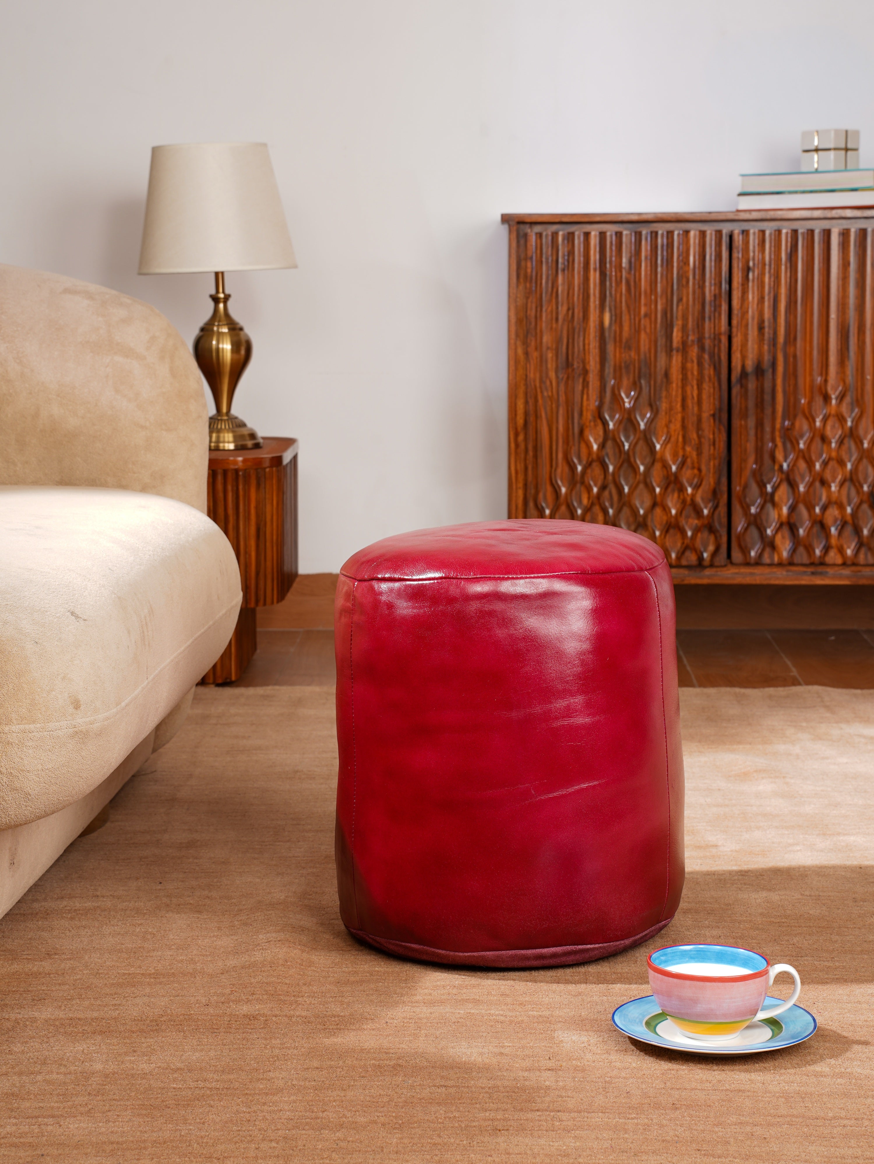 Handmade Buffalo Leather Pouf – Multiple Sizes & Colors | Round or Square | Filled