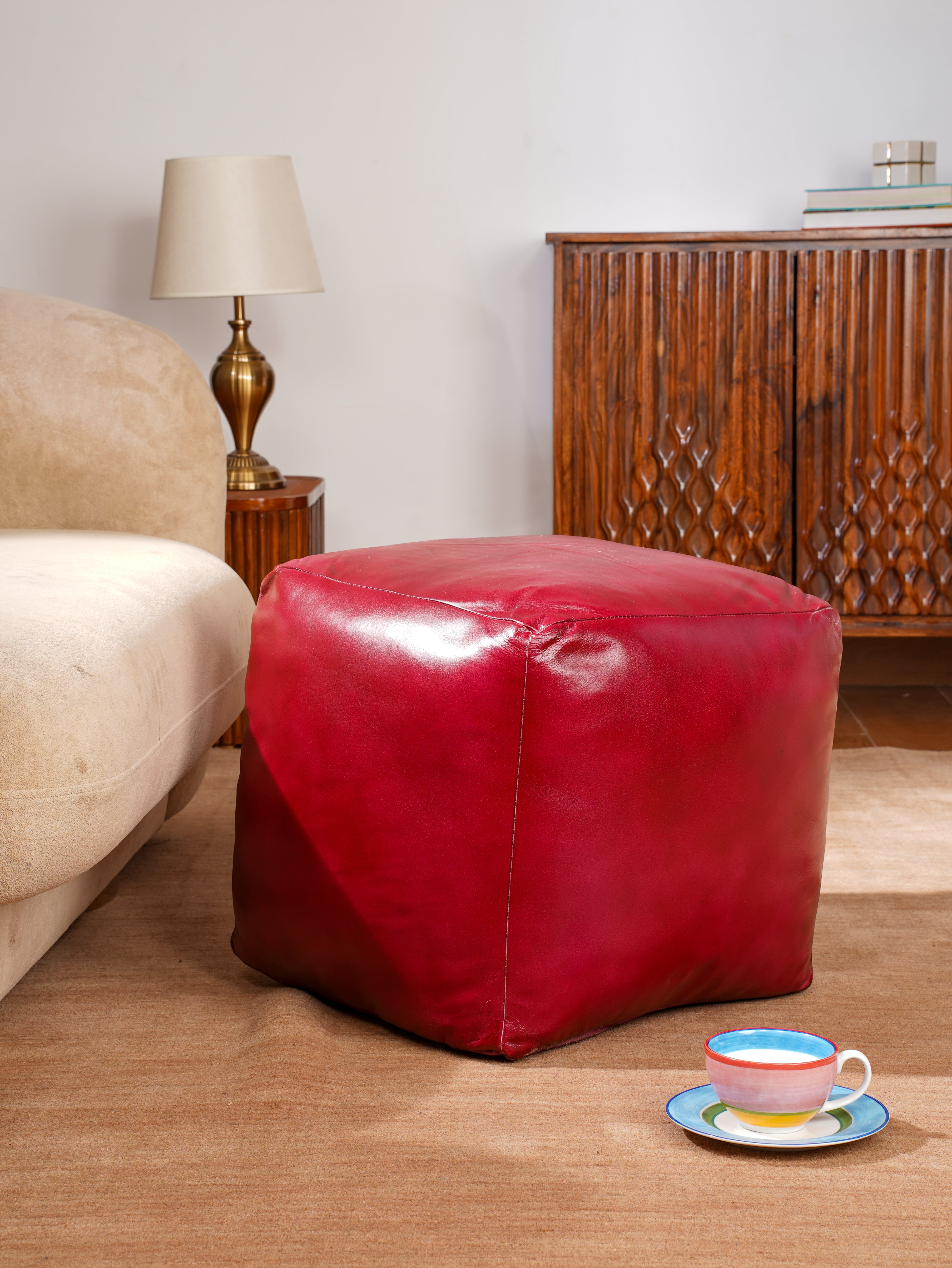 Handmade Buffalo Leather Pouf – Multiple Sizes & Colors | Round or Square | Filled