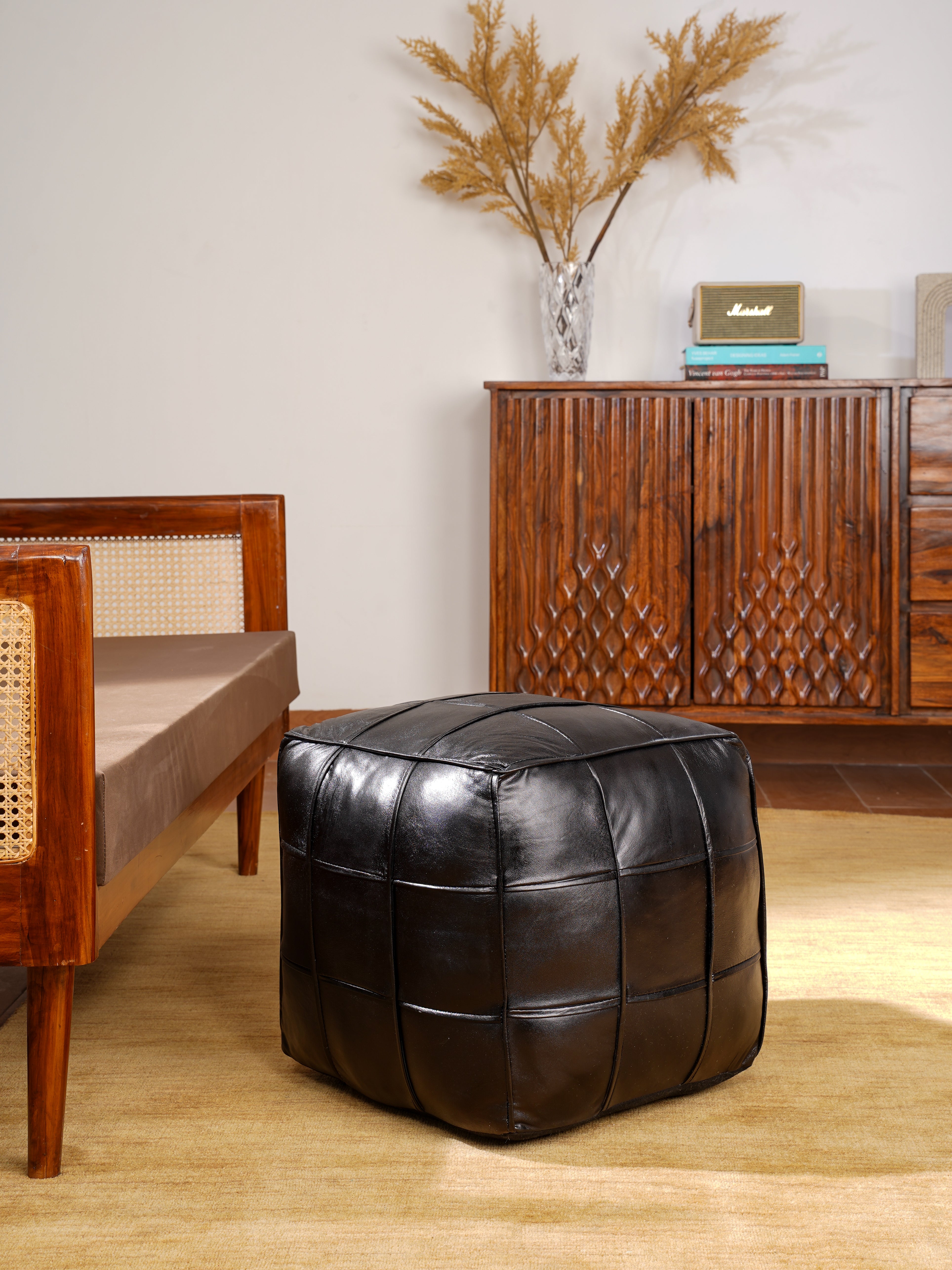 Square Leather Pouf – Handmade Ottoman | Filled | Modern Accent | Jet Black & Vintage Blue