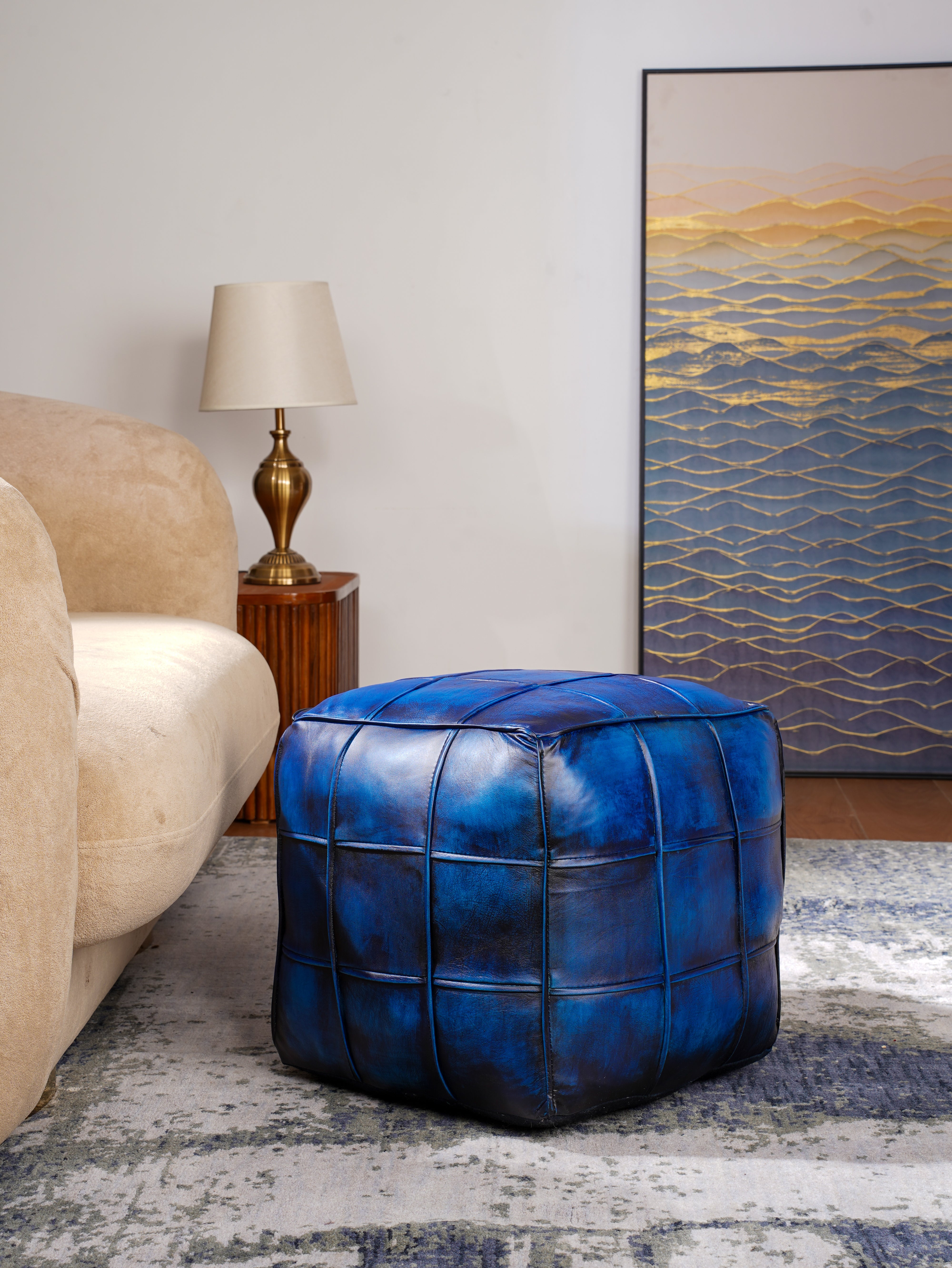 Square Leather Pouf – Handmade Ottoman | Filled | Modern Accent | Jet Black & Vintage Blue