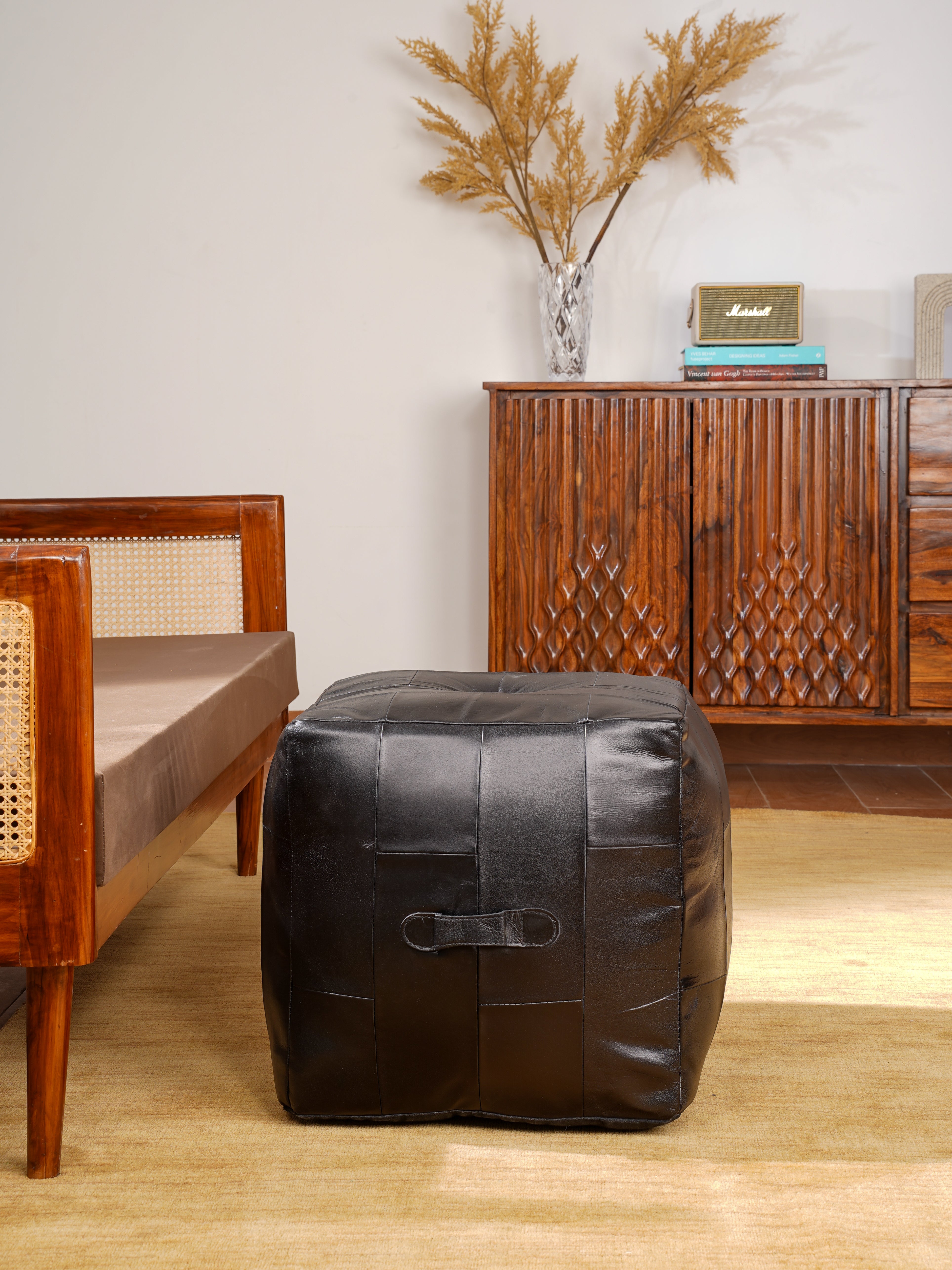 Square Buffalo Leather Pouf – Metropolitan Luxe Ottoman | Handmade | Black | Filled