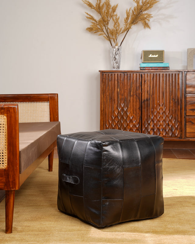 Square Buffalo Leather Pouf – Metropolitan Luxe Ottoman | Handmade | Black | Filled
