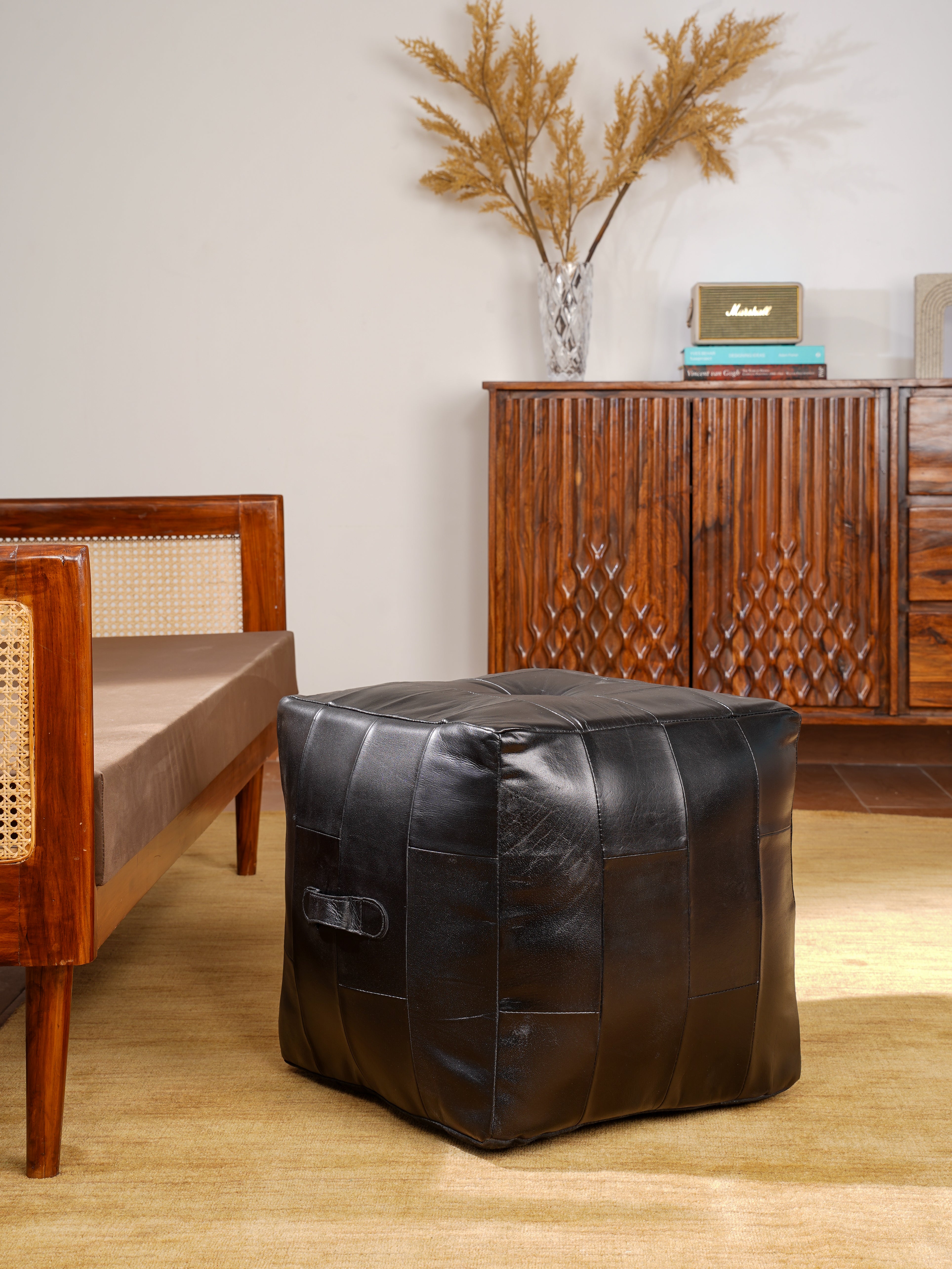 Square Buffalo Leather Pouf – Metropolitan Luxe Ottoman | Handmade | Black | Filled