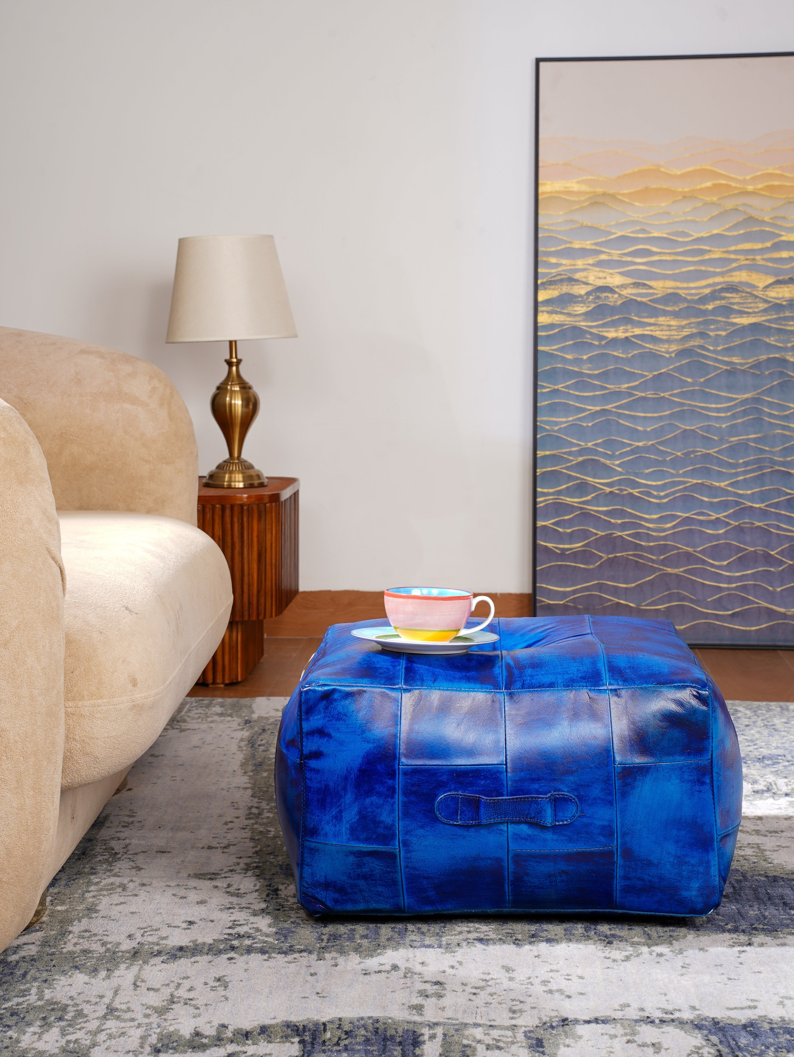 Metropolitan Luxe Blue Leather Pouf – Square Ottoman | Handmade | Vintage Blue | Filled
