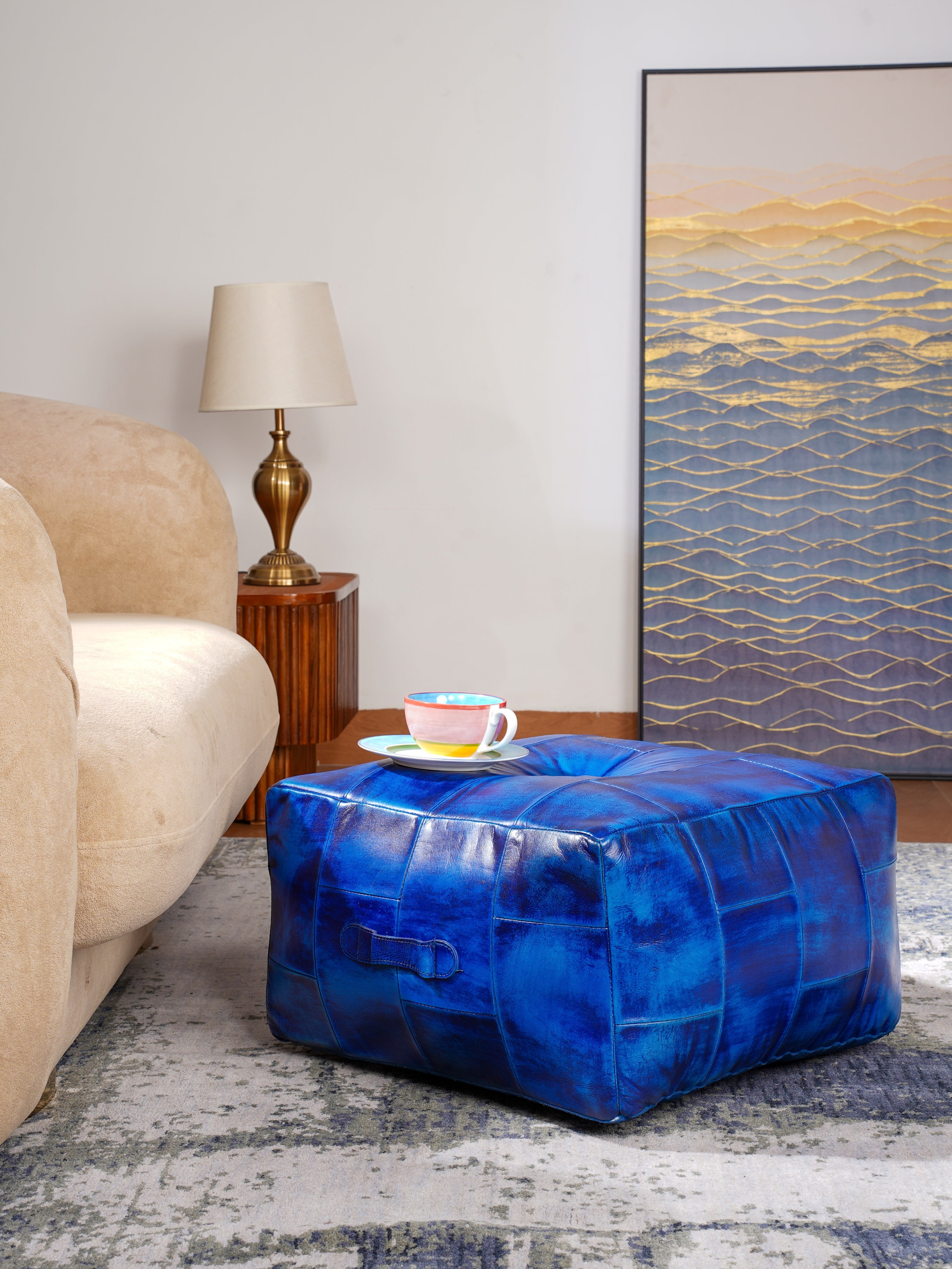 Metropolitan Luxe Blue Leather Pouf – Square Ottoman | Handmade | Vintage Blue | Filled