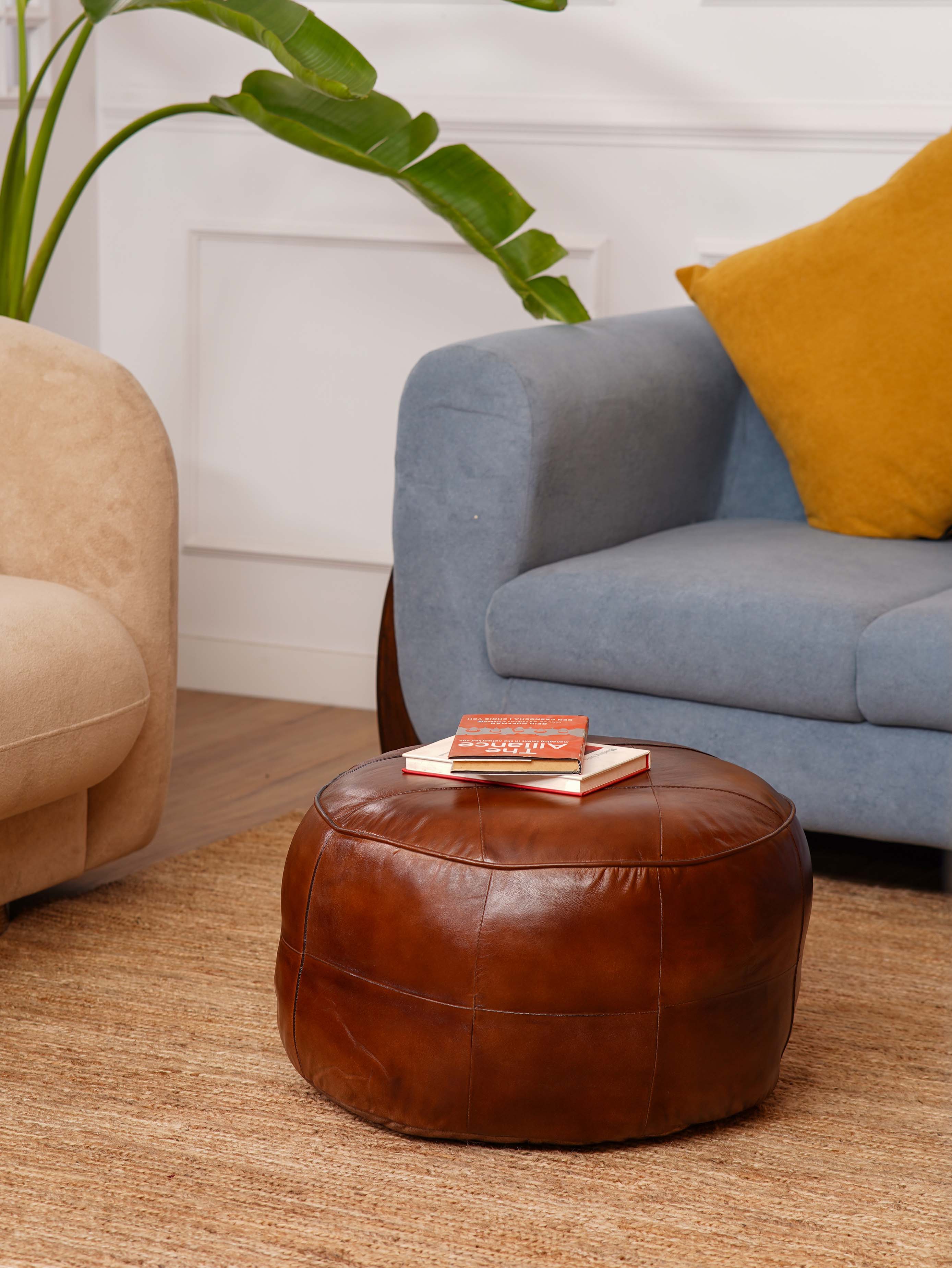 Cognac Round Leather Pouf