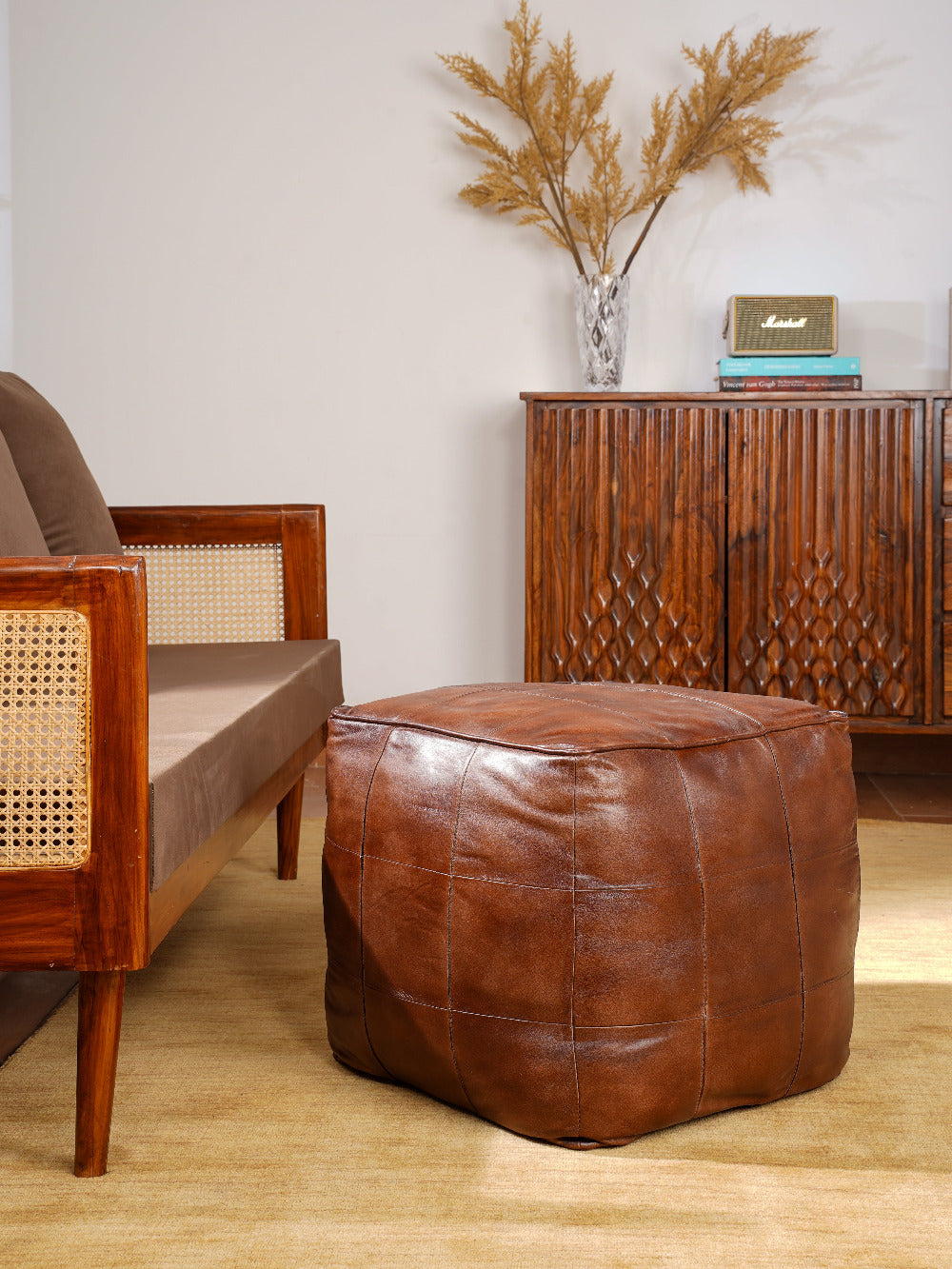Terracotta Tuffet Leather Pouf