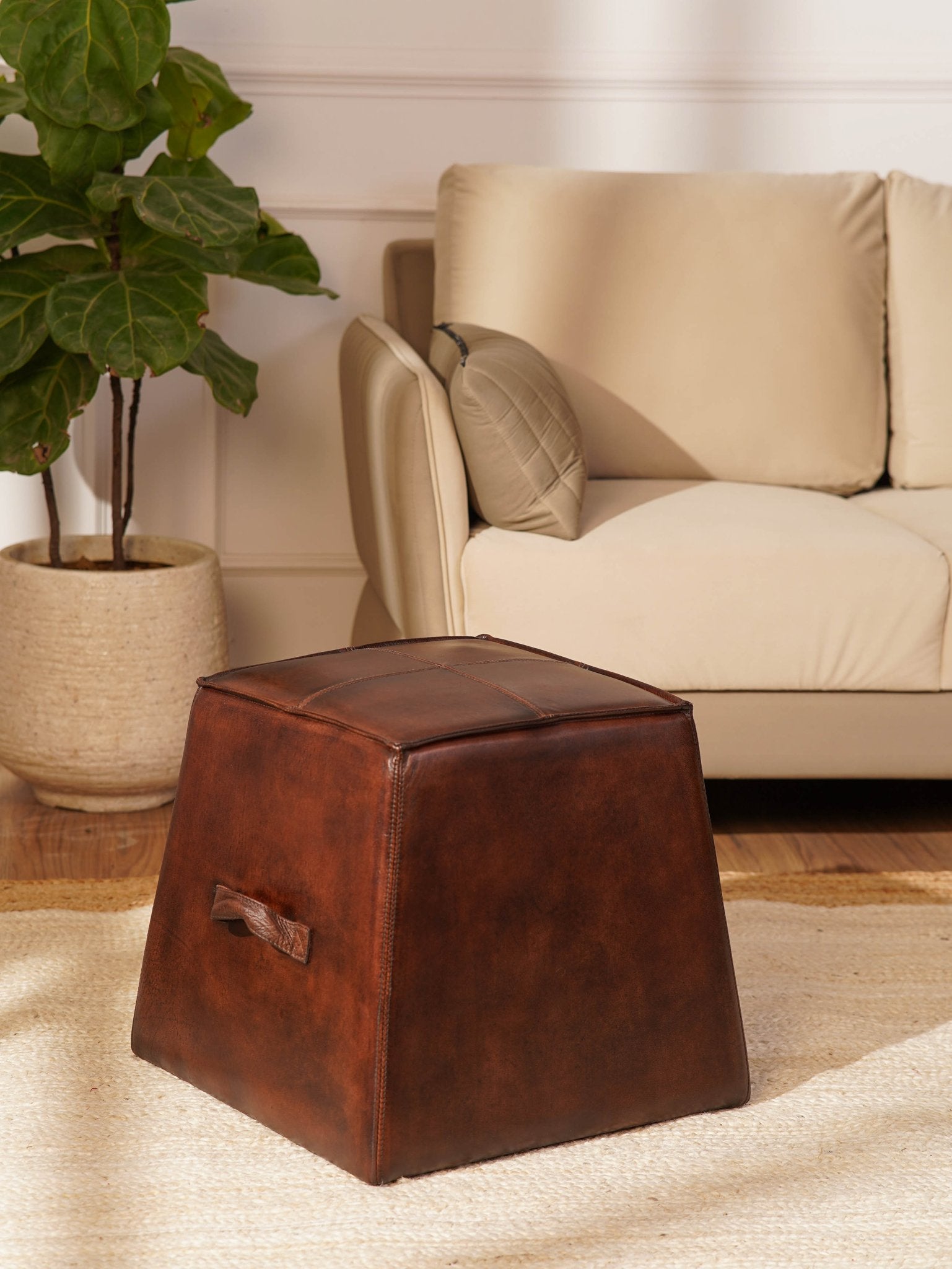 Bronson Ottoman – Handcrafted Buffalo Leather Pouf | Dark Brown | Wood - Framed - BBH HOMES LLC