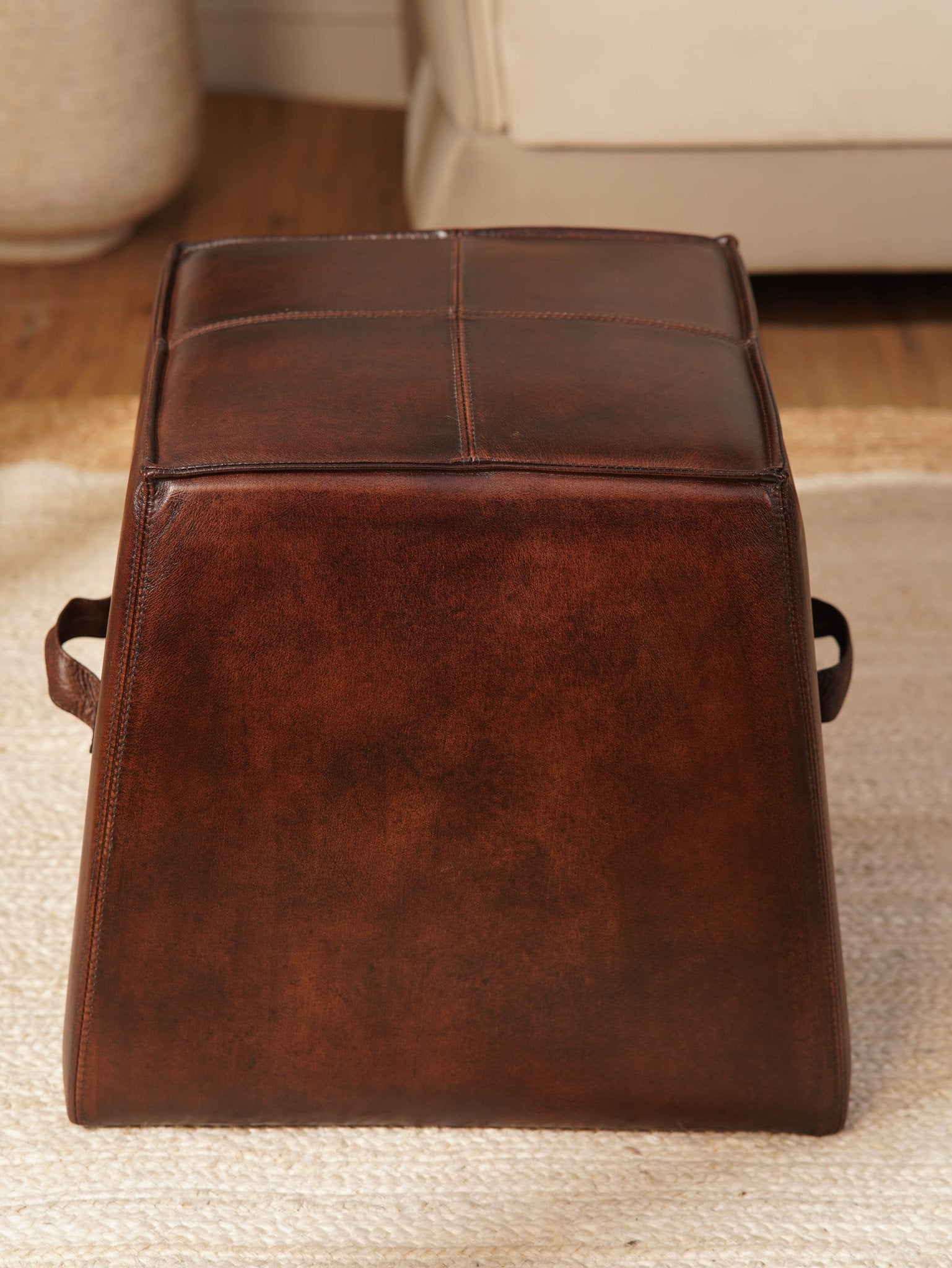 Bronson Ottoman – Handcrafted Buffalo Leather Pouf | Dark Brown | Wood - Framed - BBH HOMES LLC