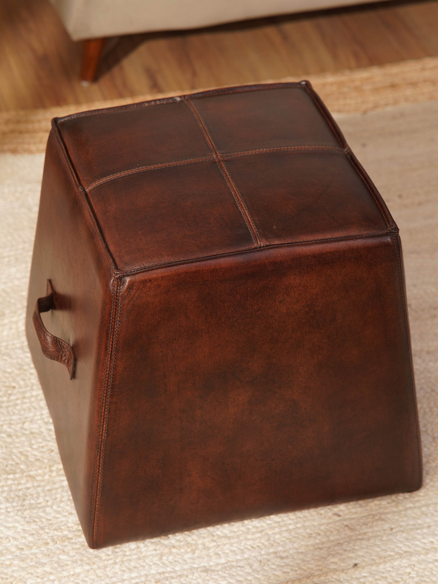 Bronson Ottoman – Handcrafted Buffalo Leather Pouf | Dark Brown | Wood - Framed - BBH HOMES LLC