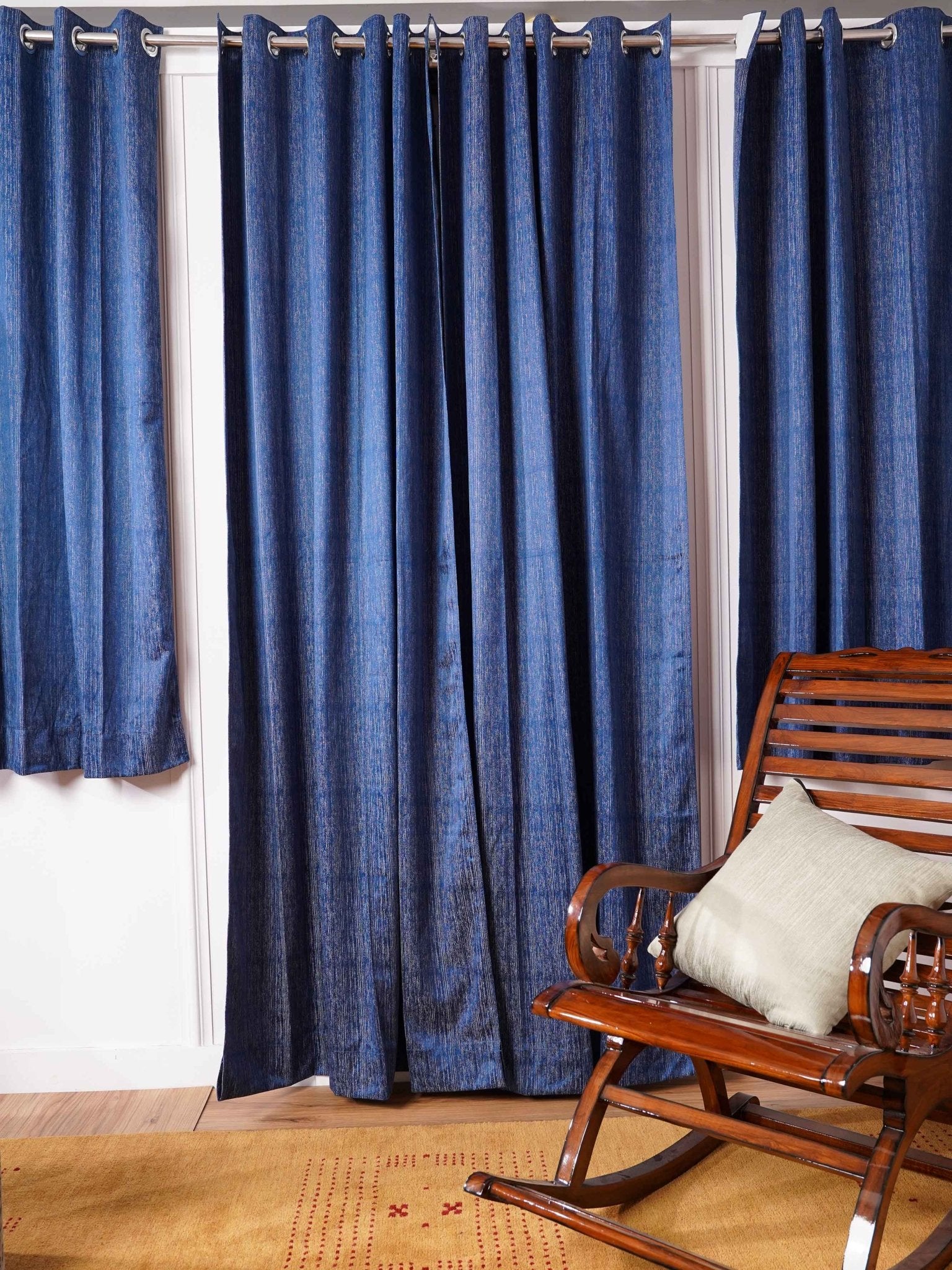Dark Blue Curtain - Poly Cotton Jacquard Fabric, Plain Solid Texture, Set of 2 Panels - BBH HOMES LLC