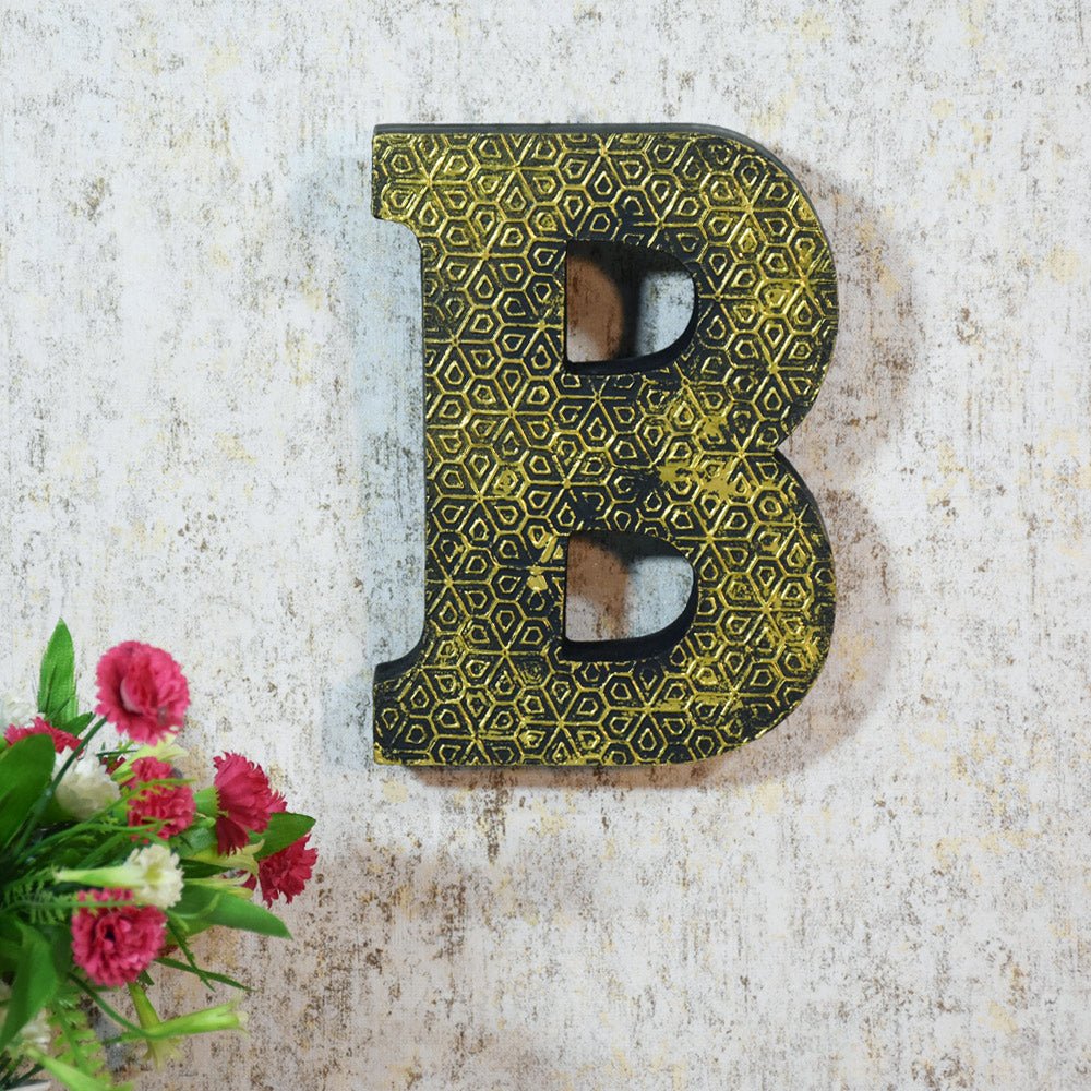 Geometric Gold Accent Mango Wood Letter Block - BBH HOMES LLC