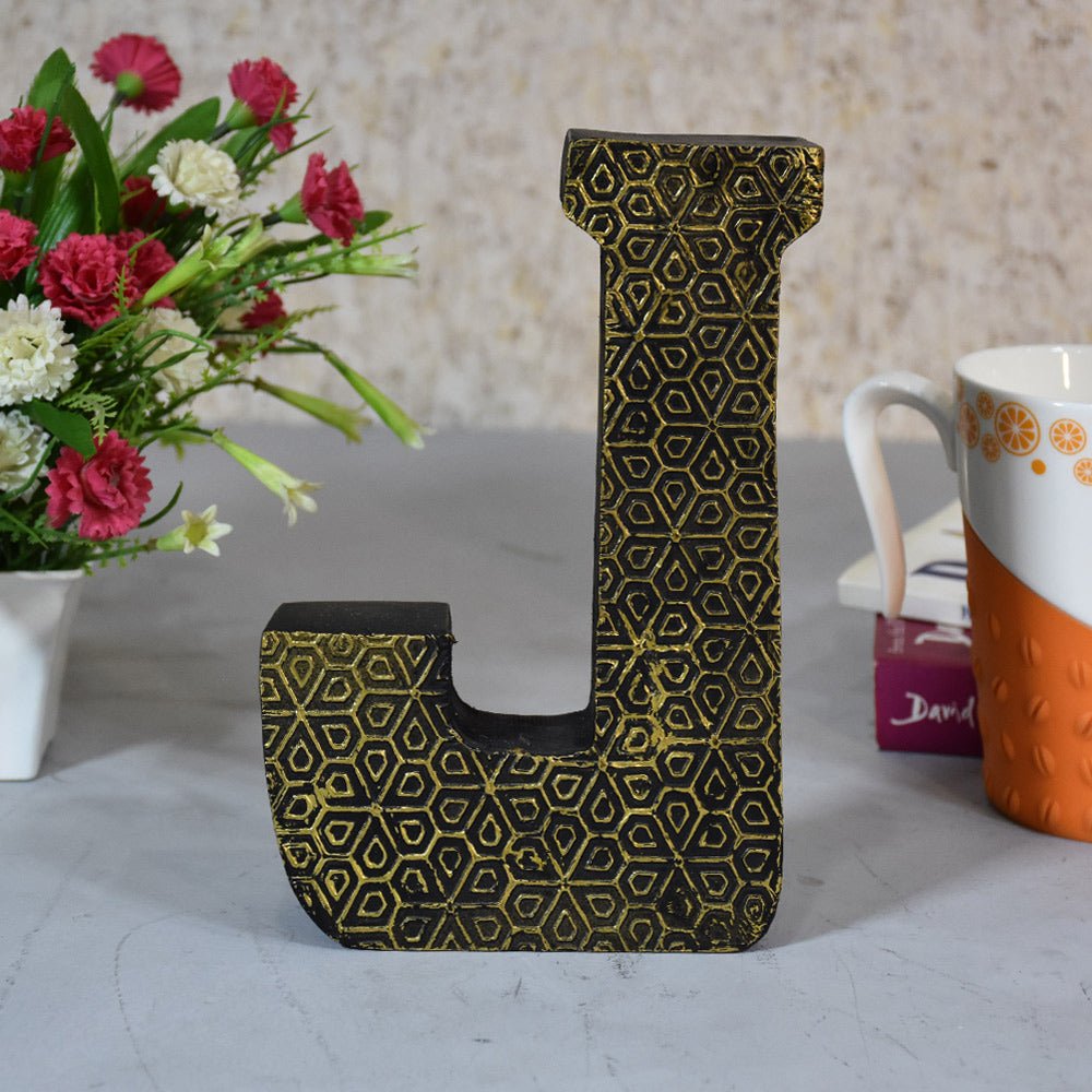 Geometric Gold Accent Mango Wood Letter Block - BBH HOMES LLC