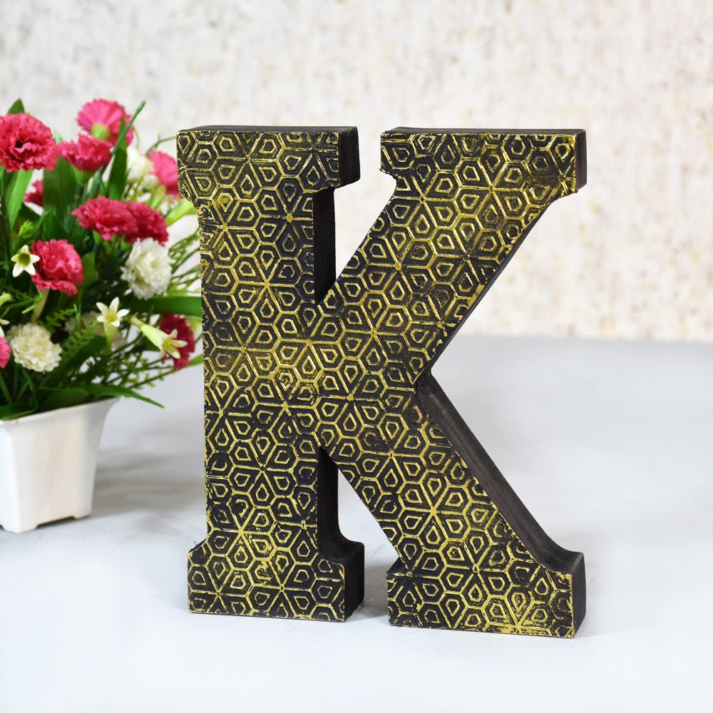 Geometric Gold Accent Mango Wood Letter Block - BBH HOMES LLC