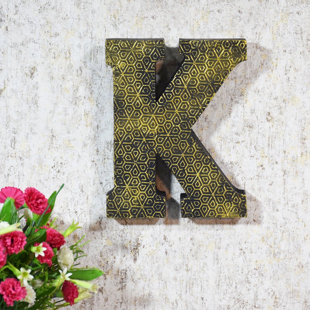 Geometric Gold Accent Mango Wood Letter Block - BBH HOMES LLC