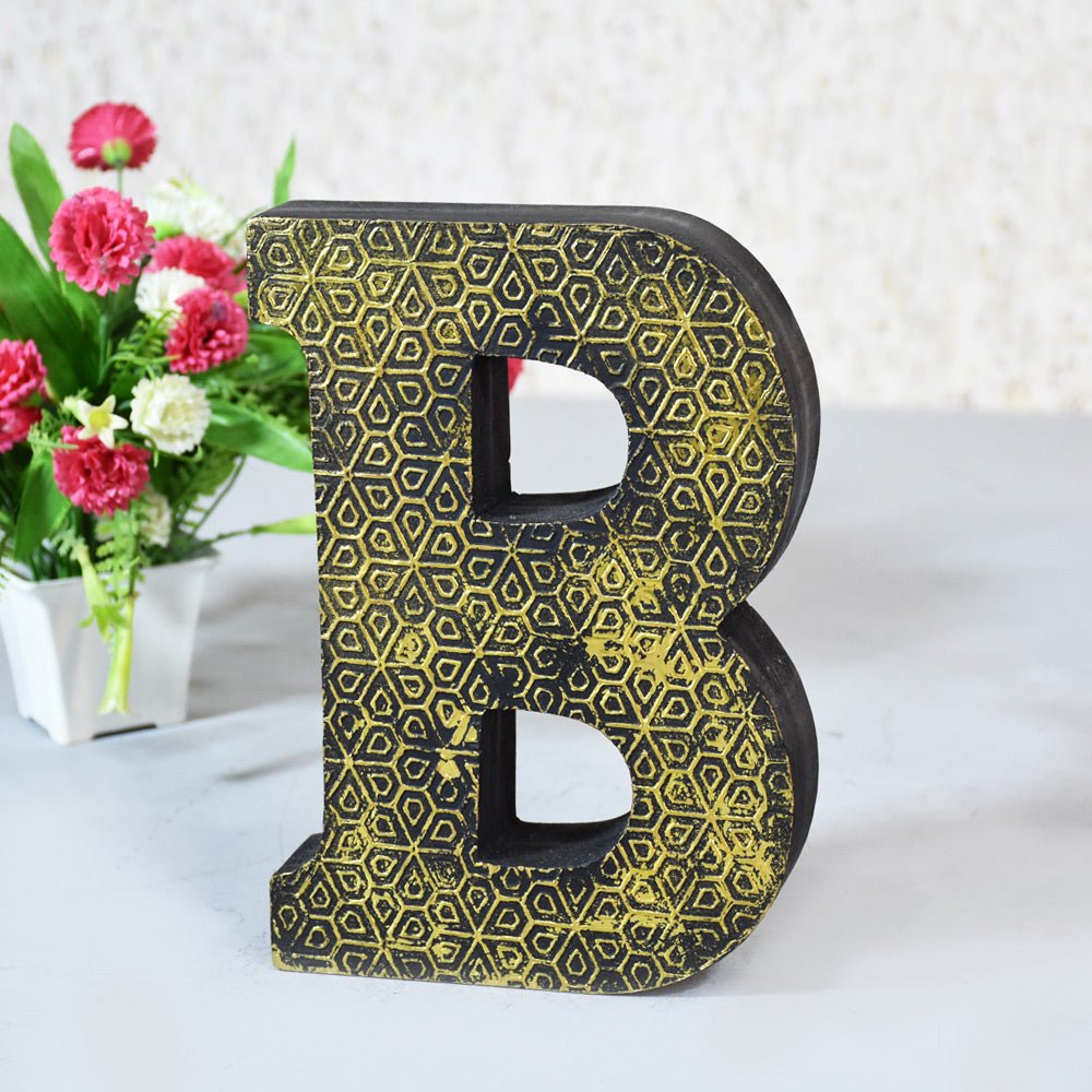 Geometric Gold Accent Mango Wood Letter Block - BBH HOMES LLC