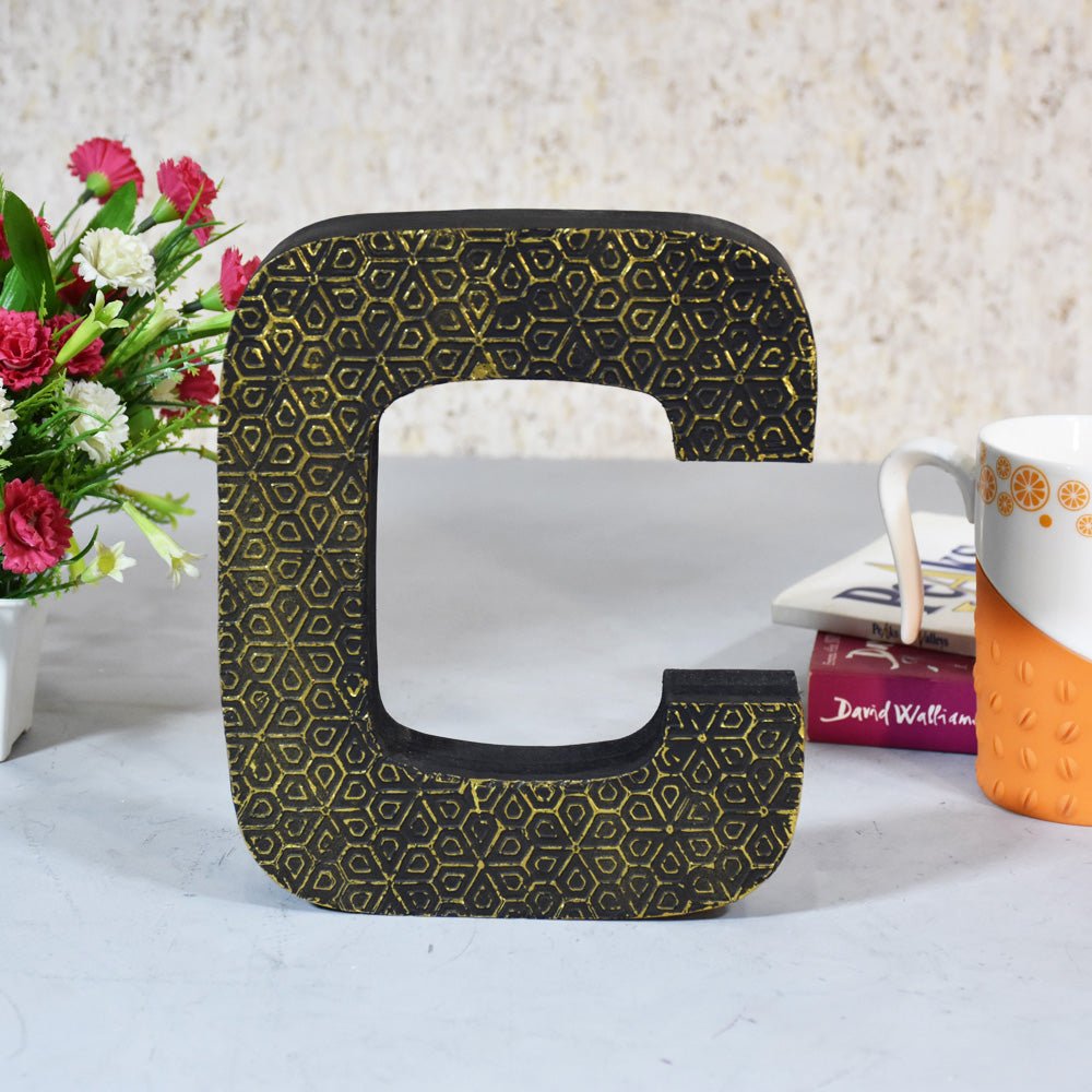 Geometric Gold Accent Mango Wood Letter Block - BBH HOMES LLC