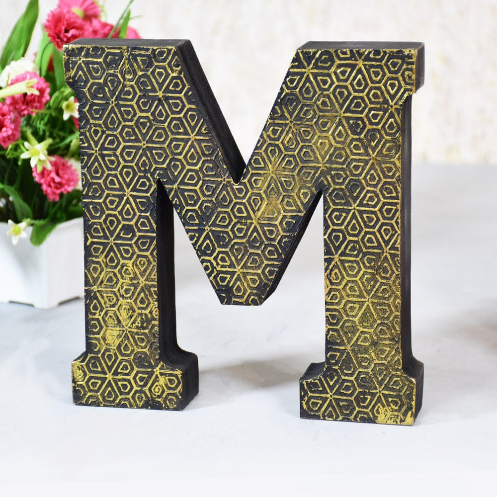 Geometric Gold Accent Mango Wood Letter Block - BBH HOMES LLC