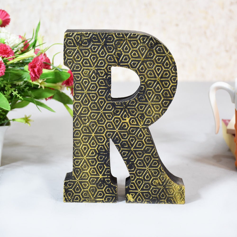 Geometric Gold Accent Mango Wood Letter Block - BBH HOMES LLC