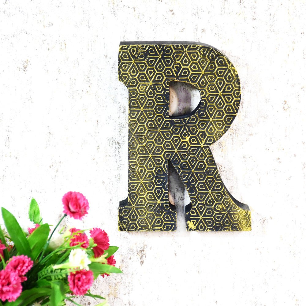 Geometric Gold Accent Mango Wood Letter Block - BBH HOMES LLC
