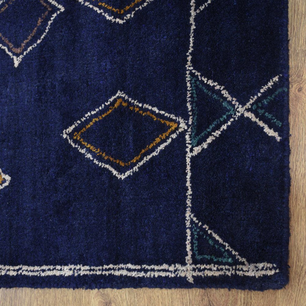 Hand Knotted Loom Silk Mix Area Rug Geometric Dark Blue White - BBH HOMES LLC
