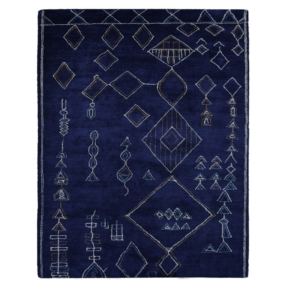 Hand Knotted Loom Silk Mix Area Rug Geometric Dark Blue White - BBH HOMES LLC