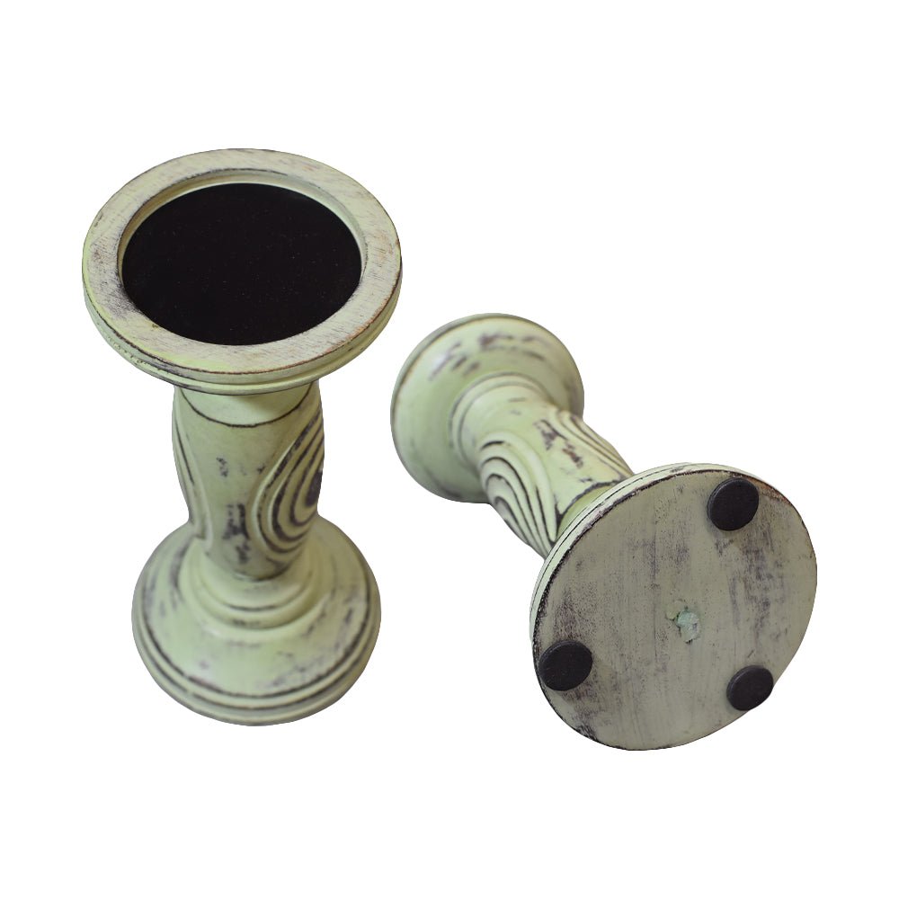 Handmade Wood Eco - friendly Traditional Antique Sage Pillar Candle Holder - BBH HOMES LLC