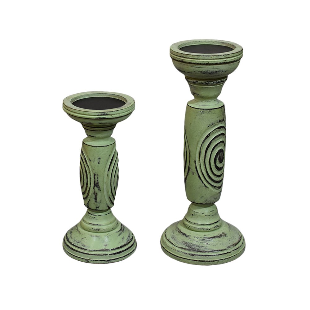 Handmade Wood Eco - friendly Traditional Antique Sage Pillar Candle Holder - BBH HOMES LLC