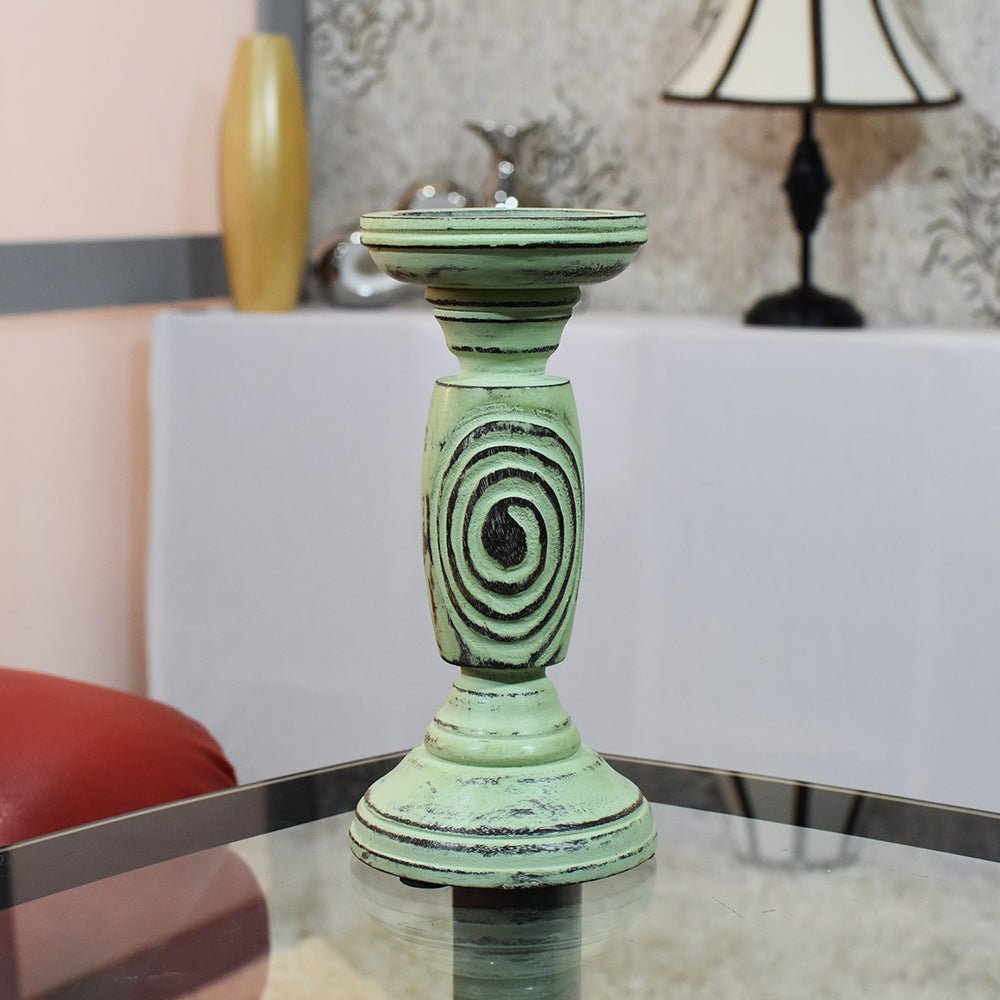 Handmade Wood Eco - friendly Traditional Antique Sage Pillar Candle Holder - BBH HOMES LLC