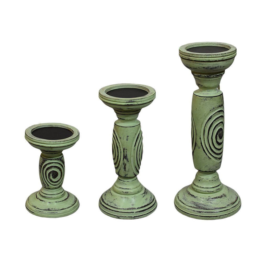 Handmade Wood Eco - friendly Traditional Antique Sage Pillar Candle Holder - BBH HOMES LLC