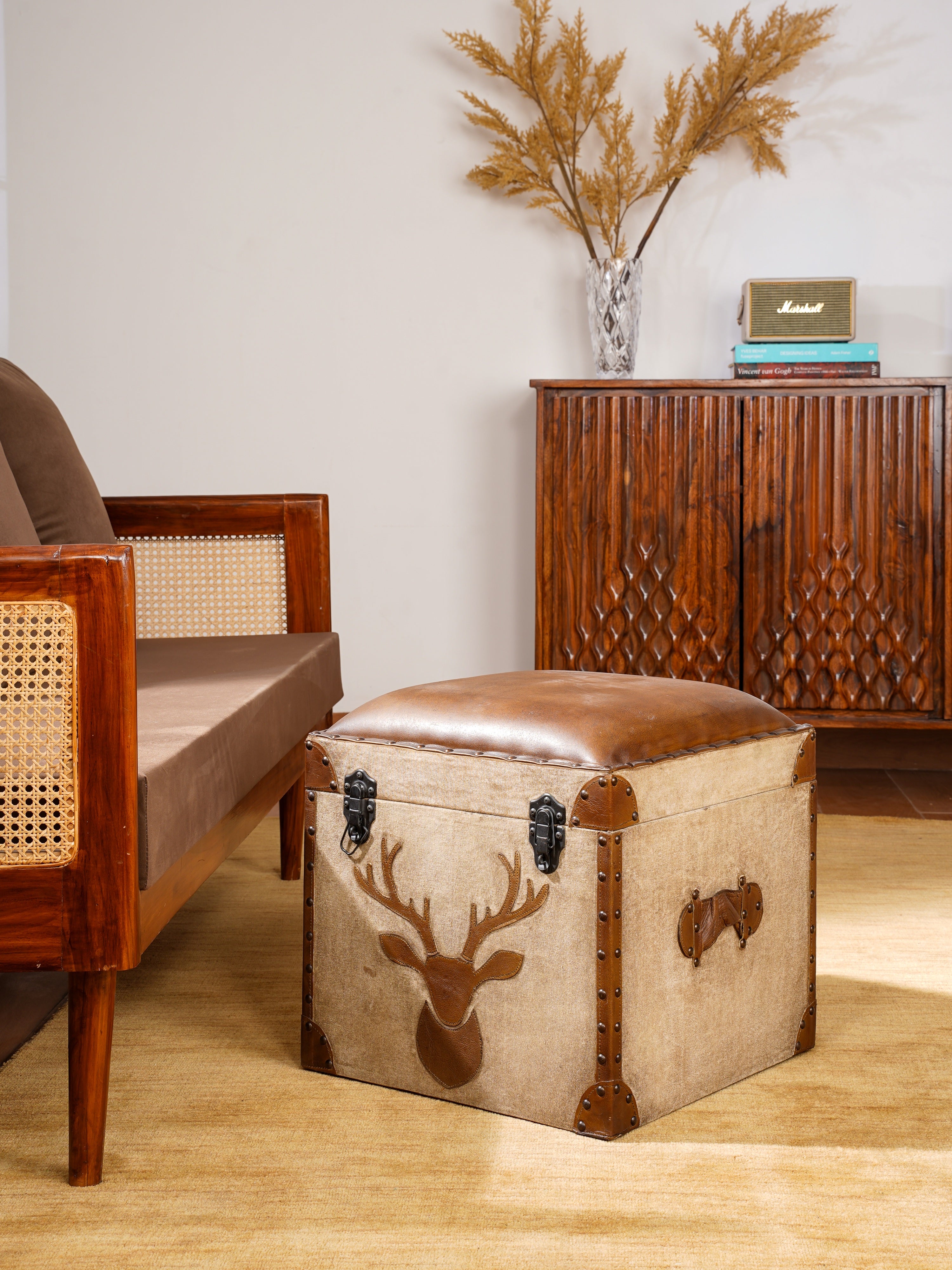 Stag Trunk Ottoman – Rustic Storage Cube in Canvas & Leather with Antler Motif
