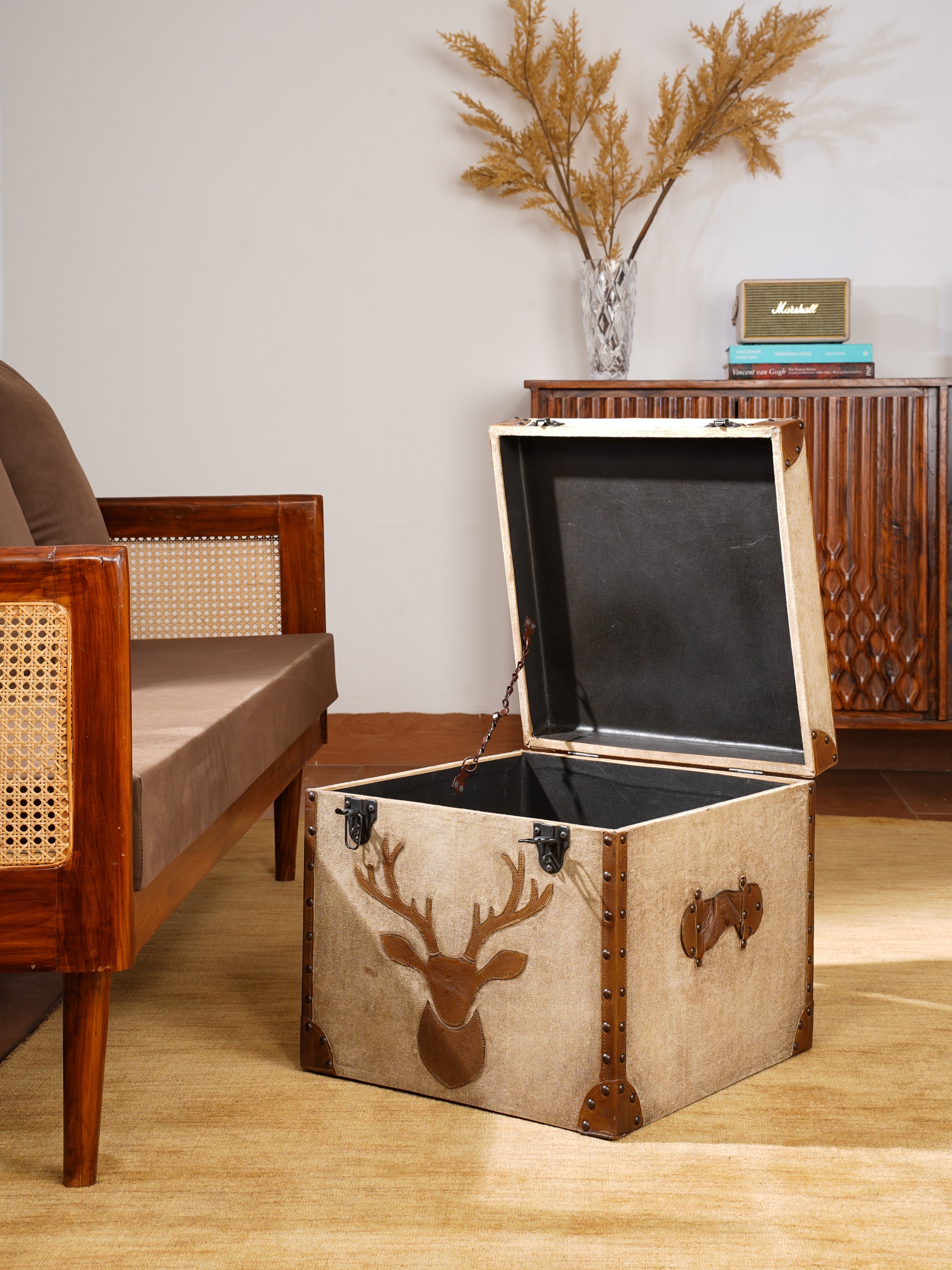 Stag Trunk Ottoman – Rustic Storage Cube in Canvas & Leather with Antler Motif