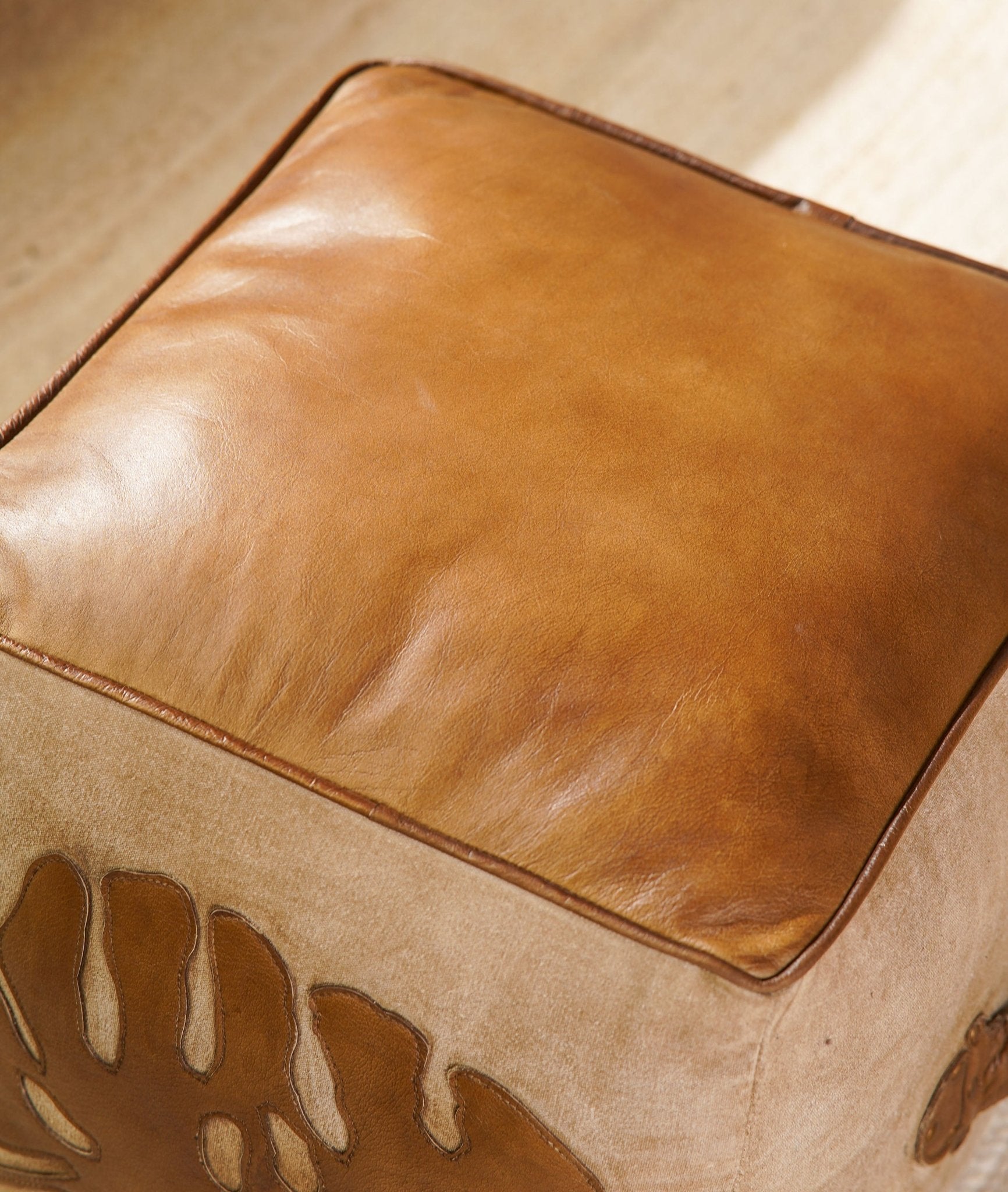 Monstera Leather & Canvas Pouf – Handmade Cube Ottoman | Brown | Filled - BBH HOMES LLC