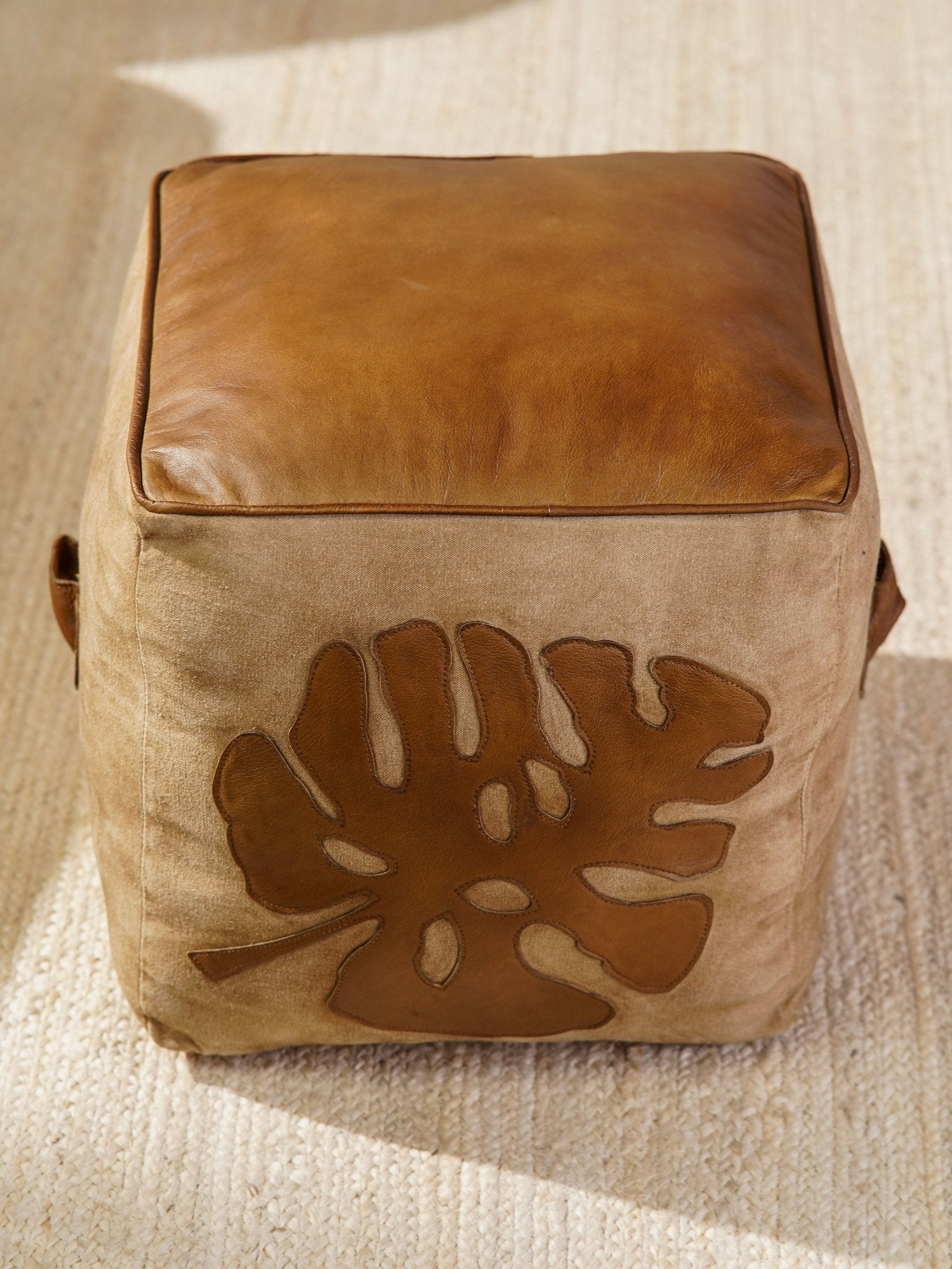 Monstera Leather & Canvas Pouf – Handmade Cube Ottoman | Brown | Filled - BBH HOMES LLC