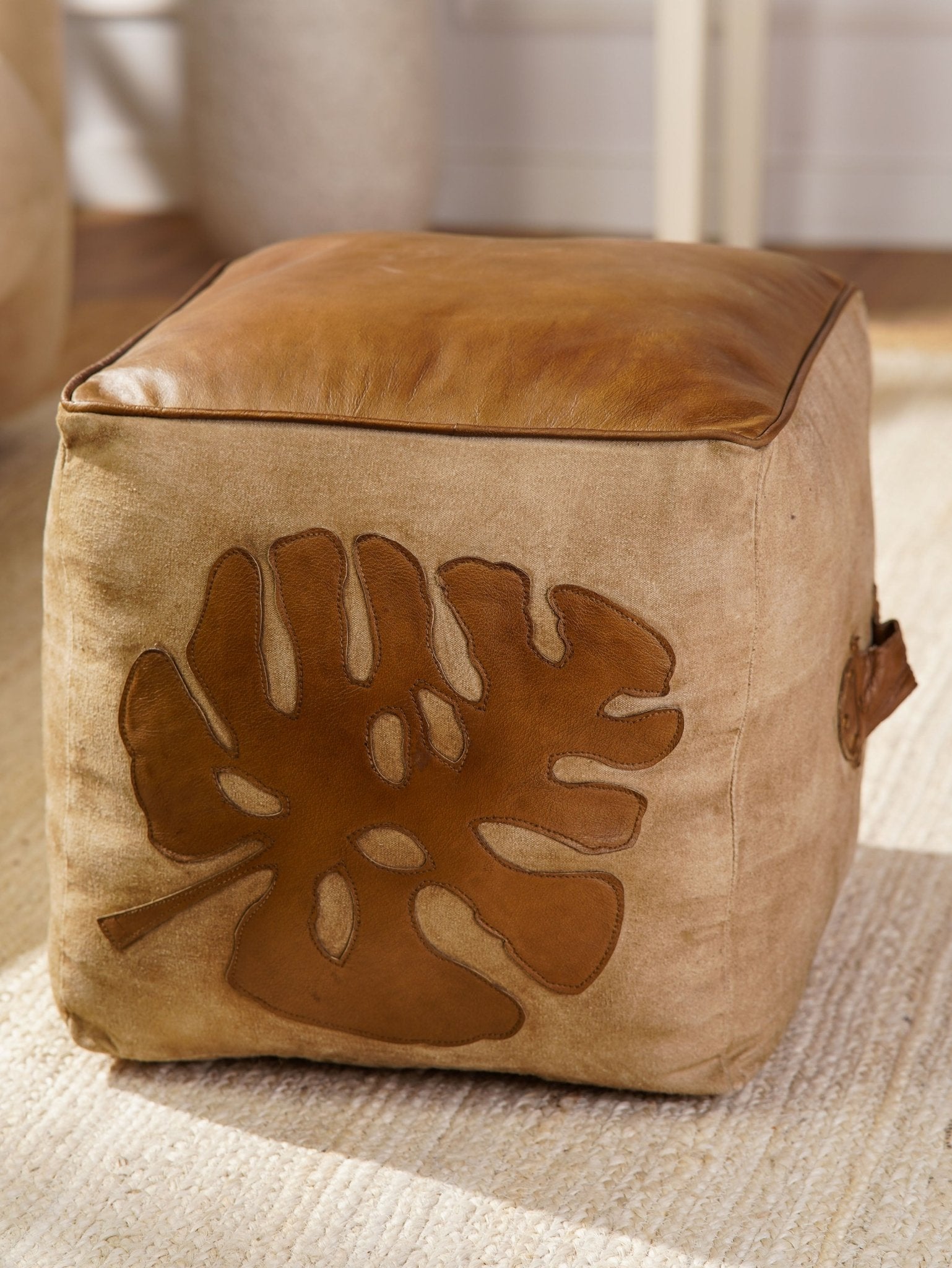 Monstera Leather & Canvas Pouf – Handmade Cube Ottoman | Brown | Filled - BBH HOMES LLC