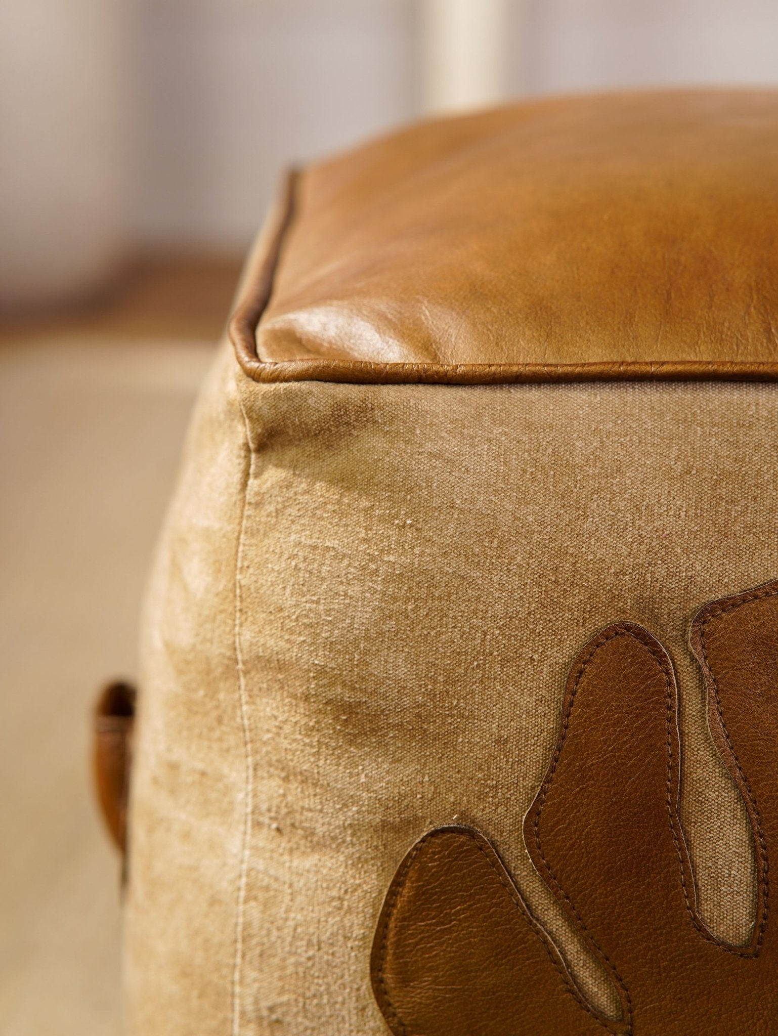 Monstera Leather & Canvas Pouf – Handmade Cube Ottoman | Brown | Filled - BBH HOMES LLC