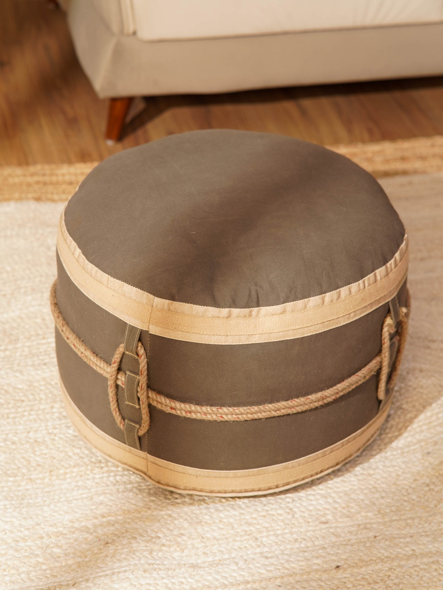 Nomad Loop Canvas Pouf – Round Ottoman | Beige with Handles - BBH HOMES LLC