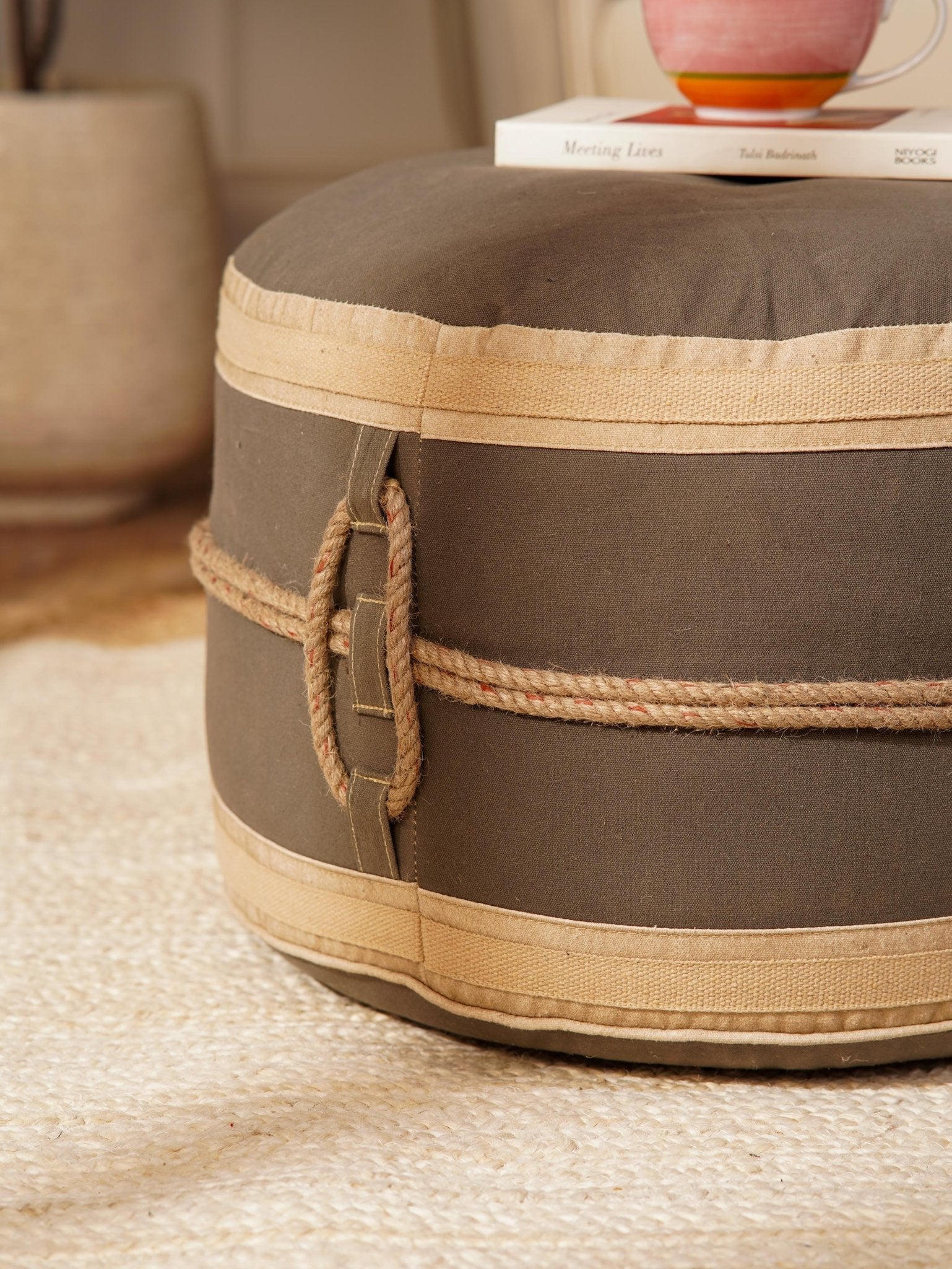 Nomad Loop Canvas Pouf – Round Ottoman | Beige with Handles - BBH HOMES LLC