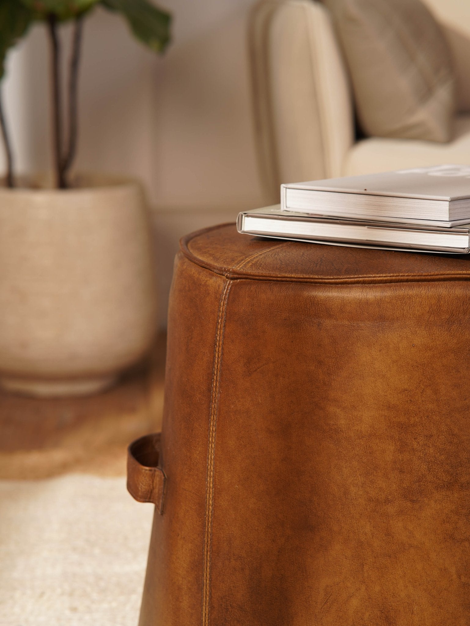 Nomad’s Rest Ottoman| Round Leather Ottoman | Wood Frame | Handcrafted Accent Pouf - BBH HOMES LLC