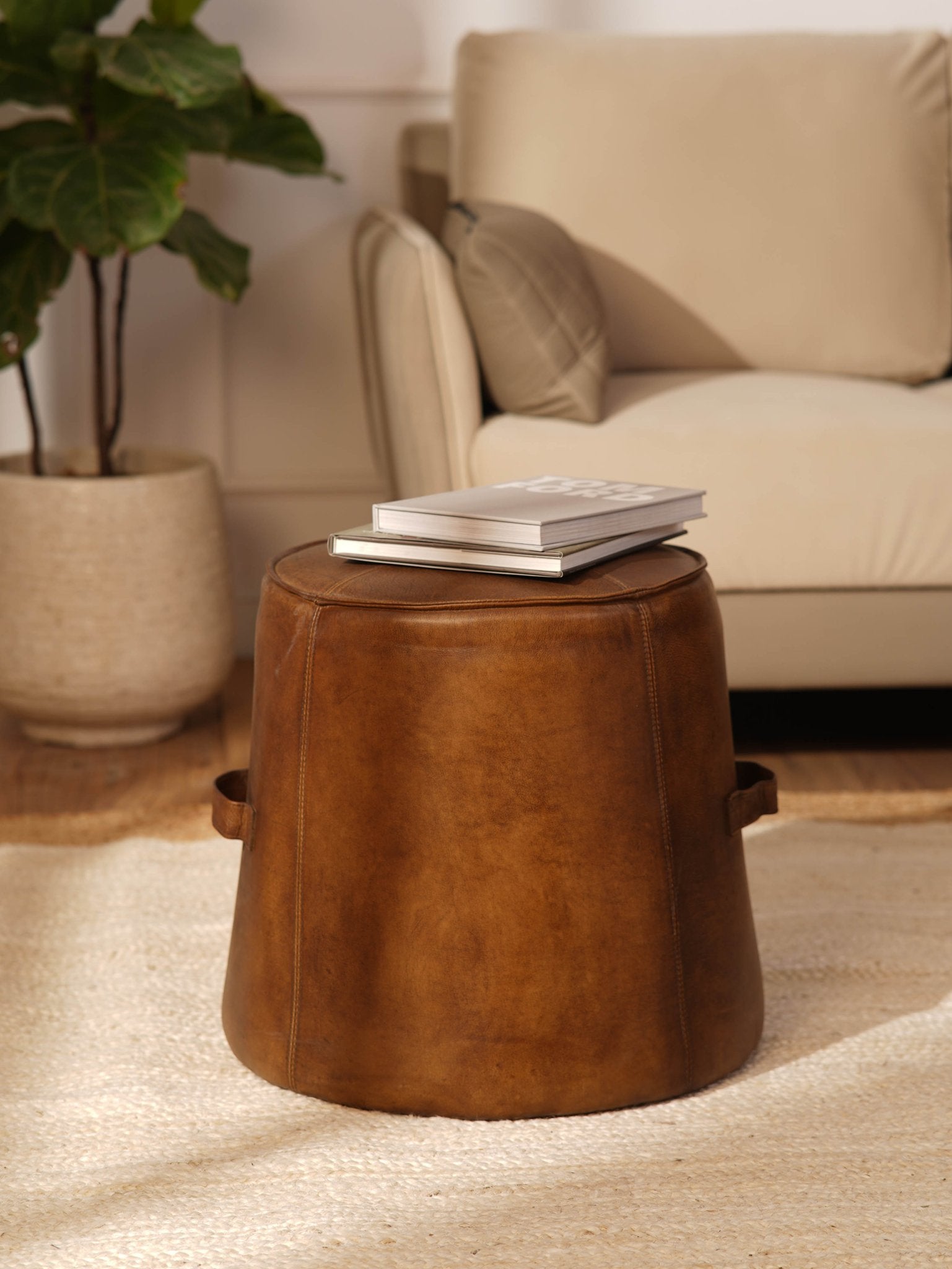 Nomad’s Rest Ottoman| Round Leather Ottoman | Wood Frame | Handcrafted Accent Pouf - BBH HOMES LLC