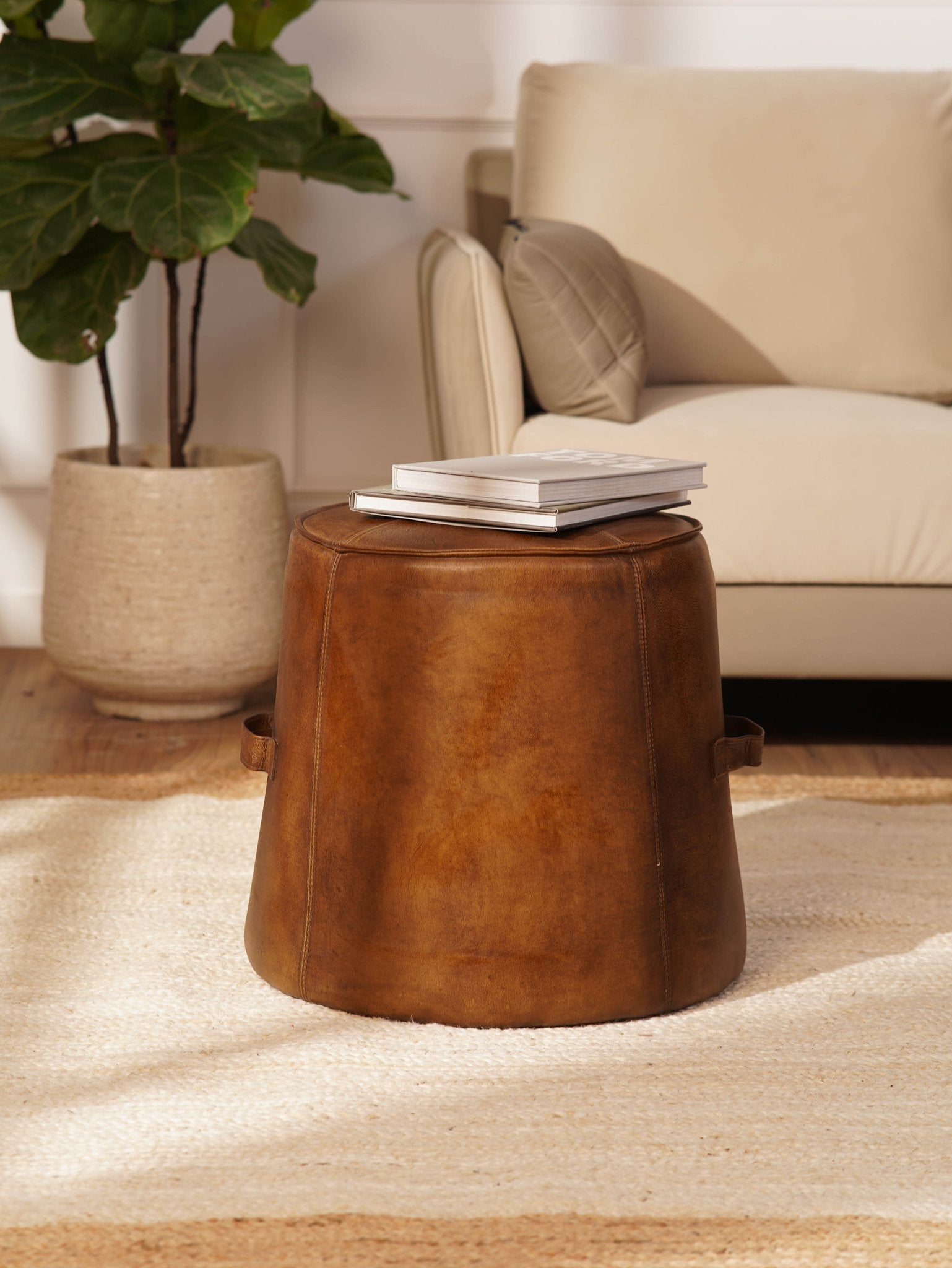 Nomad’s Rest Ottoman| Round Leather Ottoman | Wood Frame | Handcrafted Accent Pouf - BBH HOMES LLC