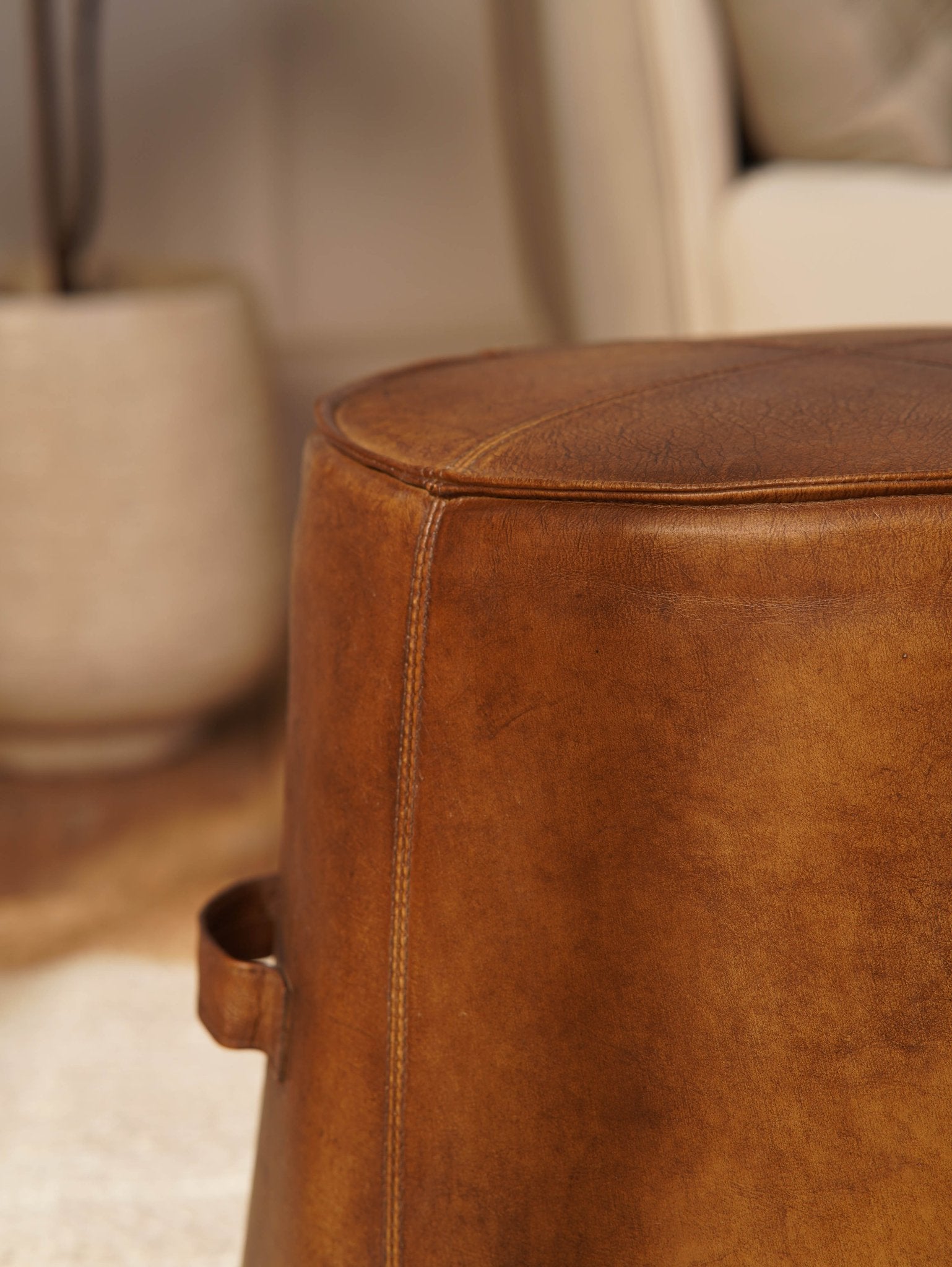 Nomad’s Rest Ottoman| Round Leather Ottoman | Wood Frame | Handcrafted Accent Pouf - BBH HOMES LLC