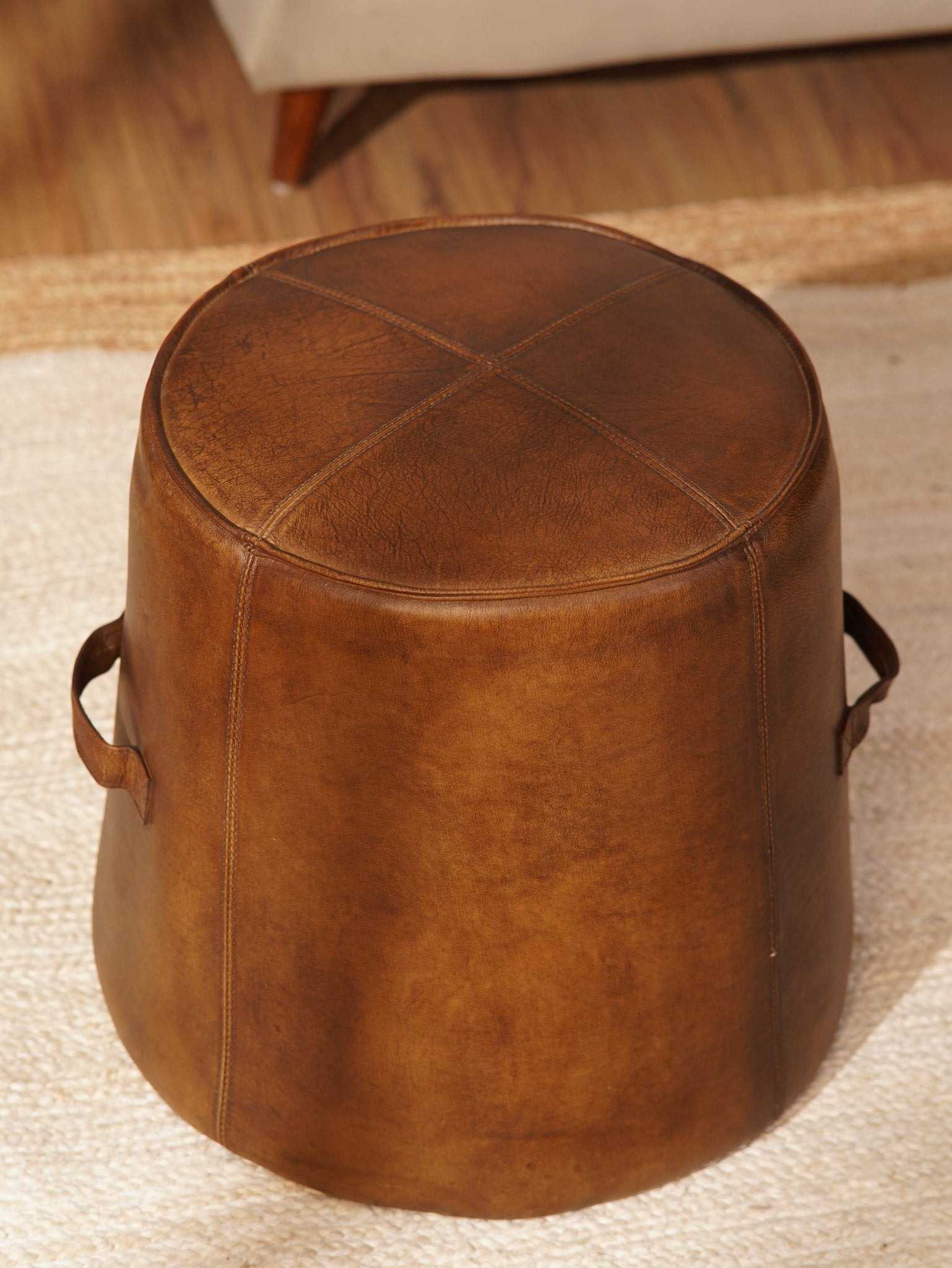 Nomad’s Rest Ottoman| Round Leather Ottoman | Wood Frame | Handcrafted Accent Pouf - BBH HOMES LLC