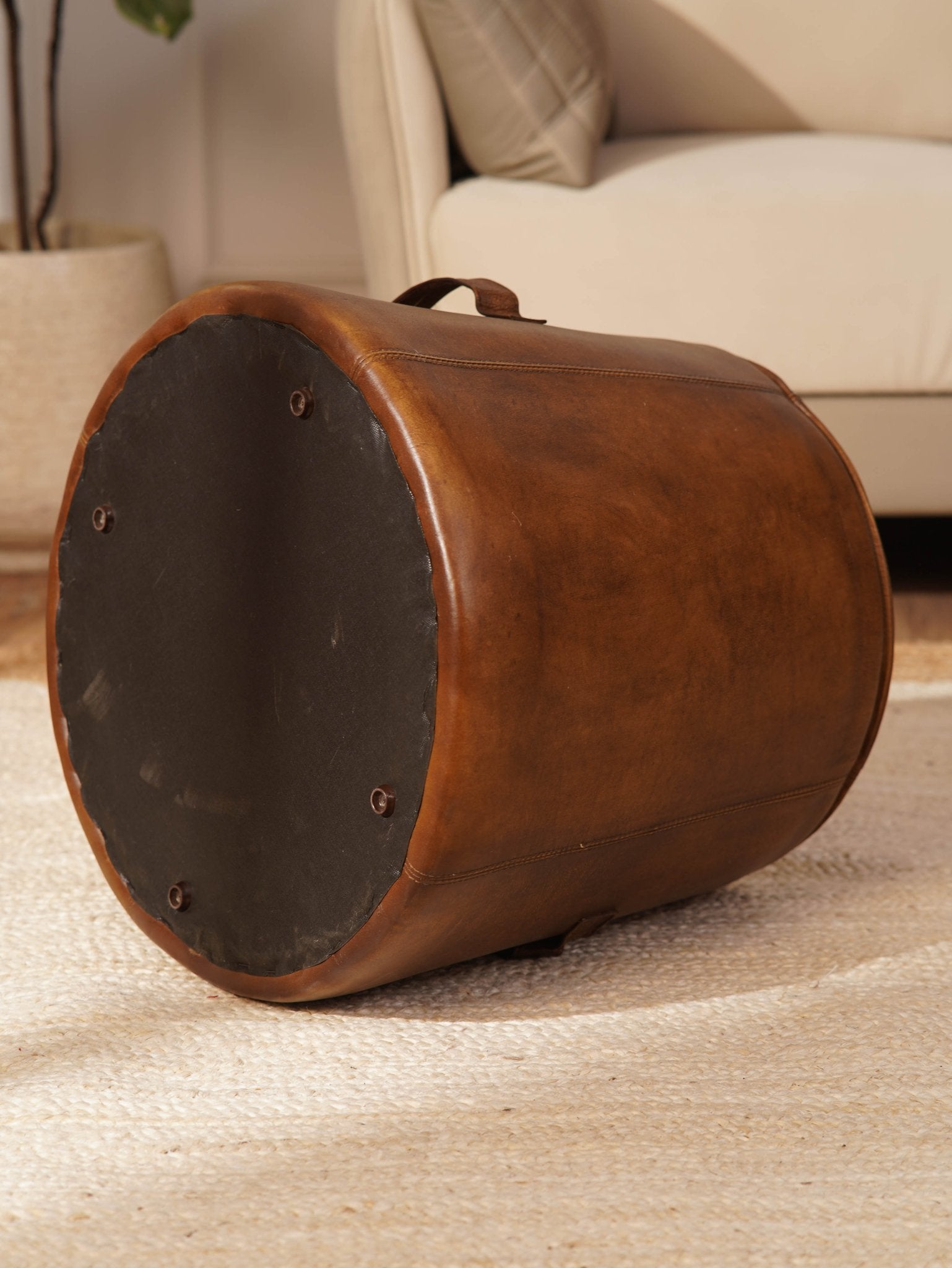 Nomad’s Rest Ottoman| Round Leather Ottoman | Wood Frame | Handcrafted Accent Pouf - BBH HOMES LLC