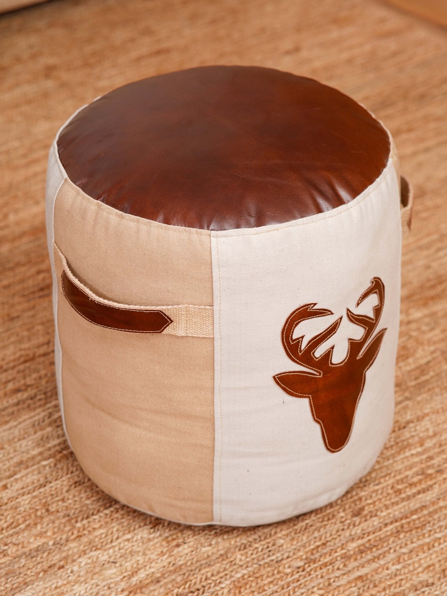 Stag Haven Pouf – Round Canvas & Leather Ottoman | Beige & Brown - BBH HOMES LLC