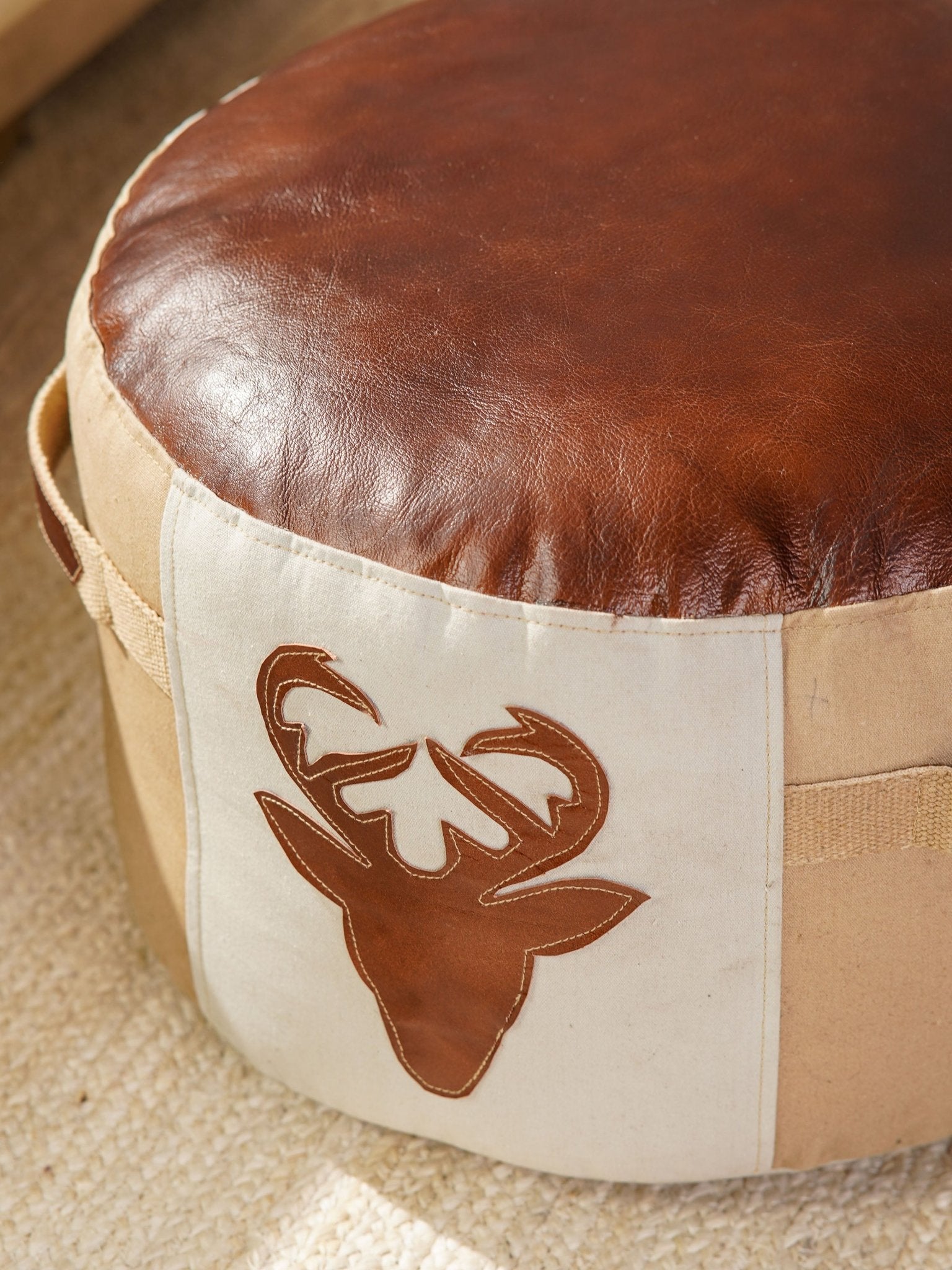 Stag Haven Pouf – Round Canvas & Leather Ottoman | Beige & Brown - BBH HOMES LLC